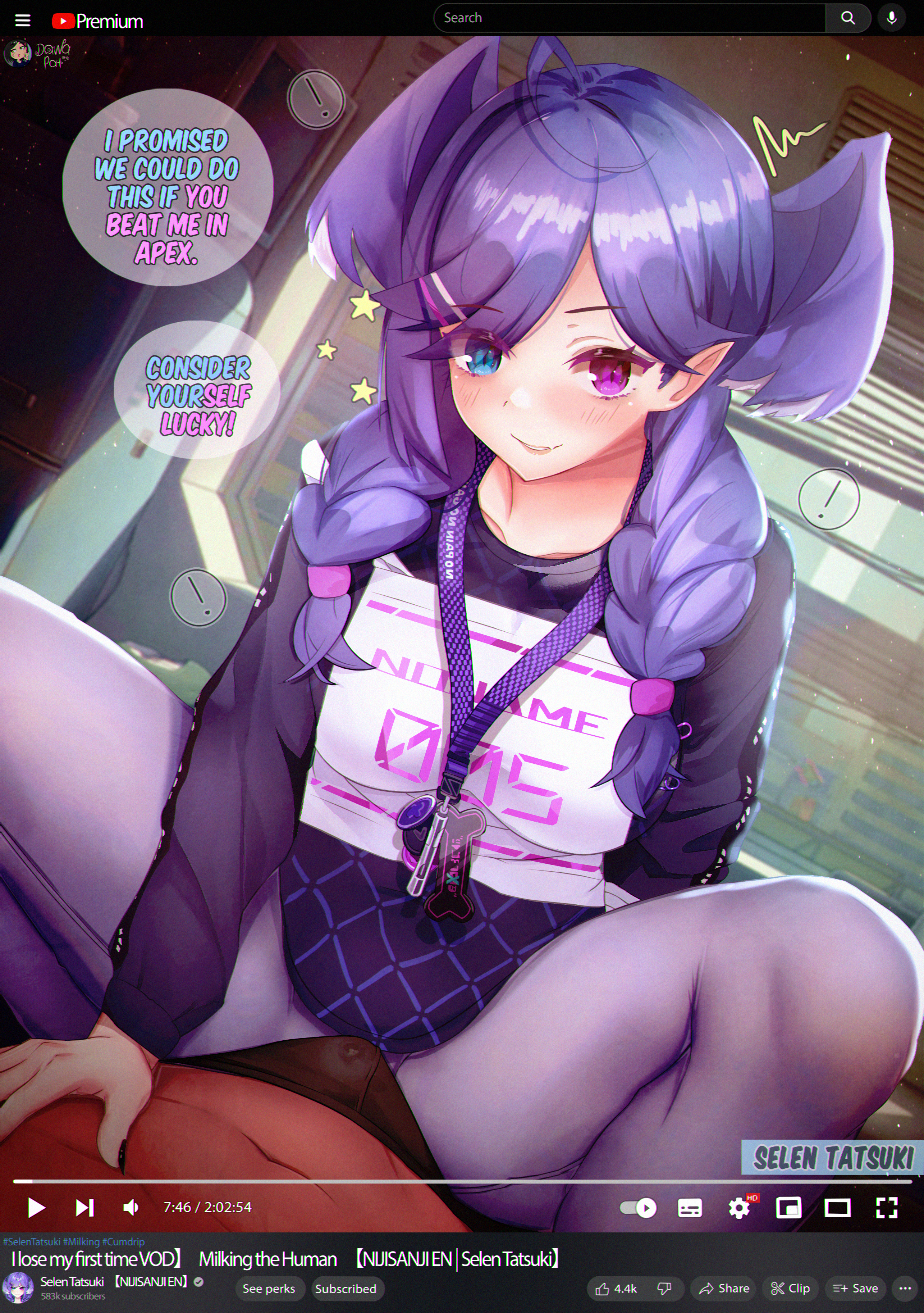 :), 1boy, 1girls, bad id, braided hair, breasts, bulge, clothed, clothes, cowgirl position, dawapat, dutch angle, english text, fangs, female, head wings, heterochromia, highres, imminent defloration, imminent sex, indoors, kemonomimi, large breasts, legwear, light blue hair, light skin, light-skinned female, lips, livestream, long hair, looking at viewer, male, nail polish, nijisanji, nijisanji en, pants, penis, penis bulge, pointy ears, selen tatsuki, side braids, smile, spread legs, squatting, streaming, text, user interface, virtual youtuber