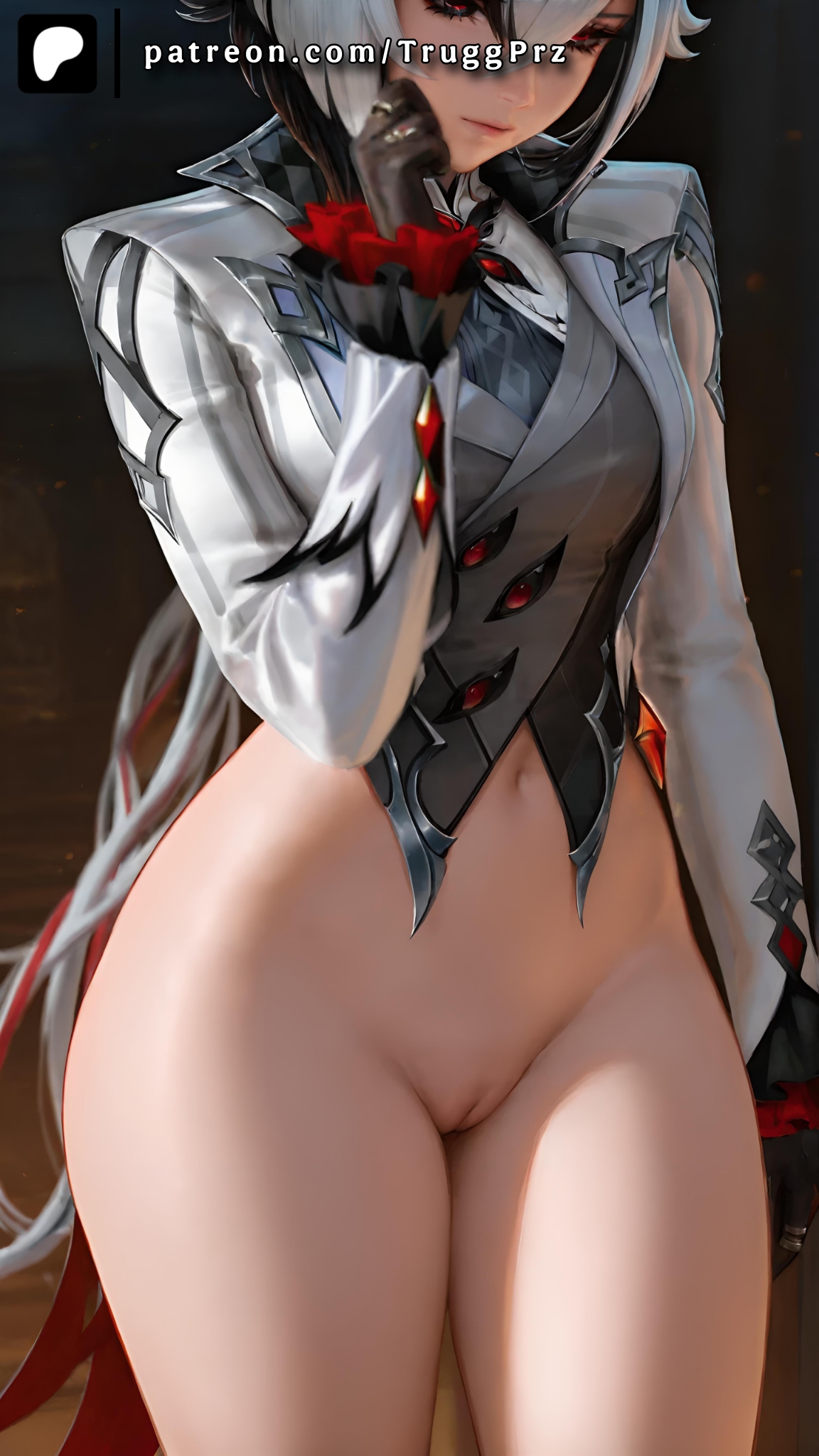 ai generated, arlecchino (genshin impact), bottomless, female, genshin impact, long sleeves, looking down, midriff, navel, pussy, standing, thick thighs, trugprz, white hair