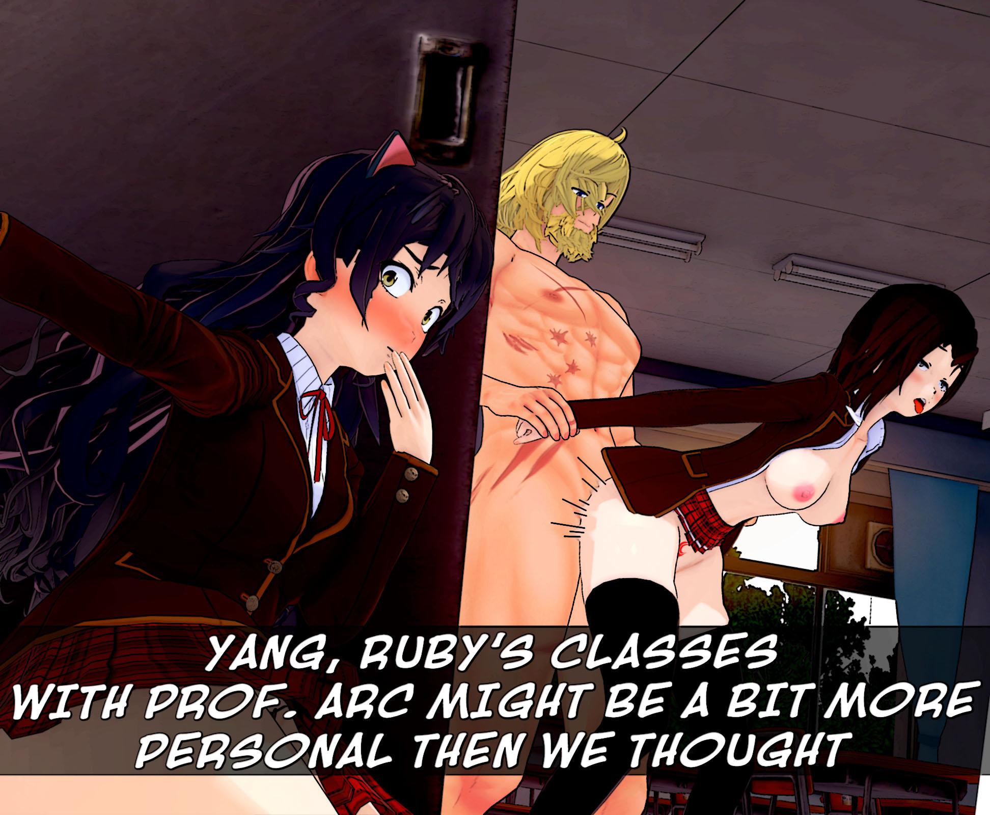aged up, blake belladonna, fatallyobsessed, female, jaune arc, prison guard position, professor arc, ruby rose, rwby, tagme