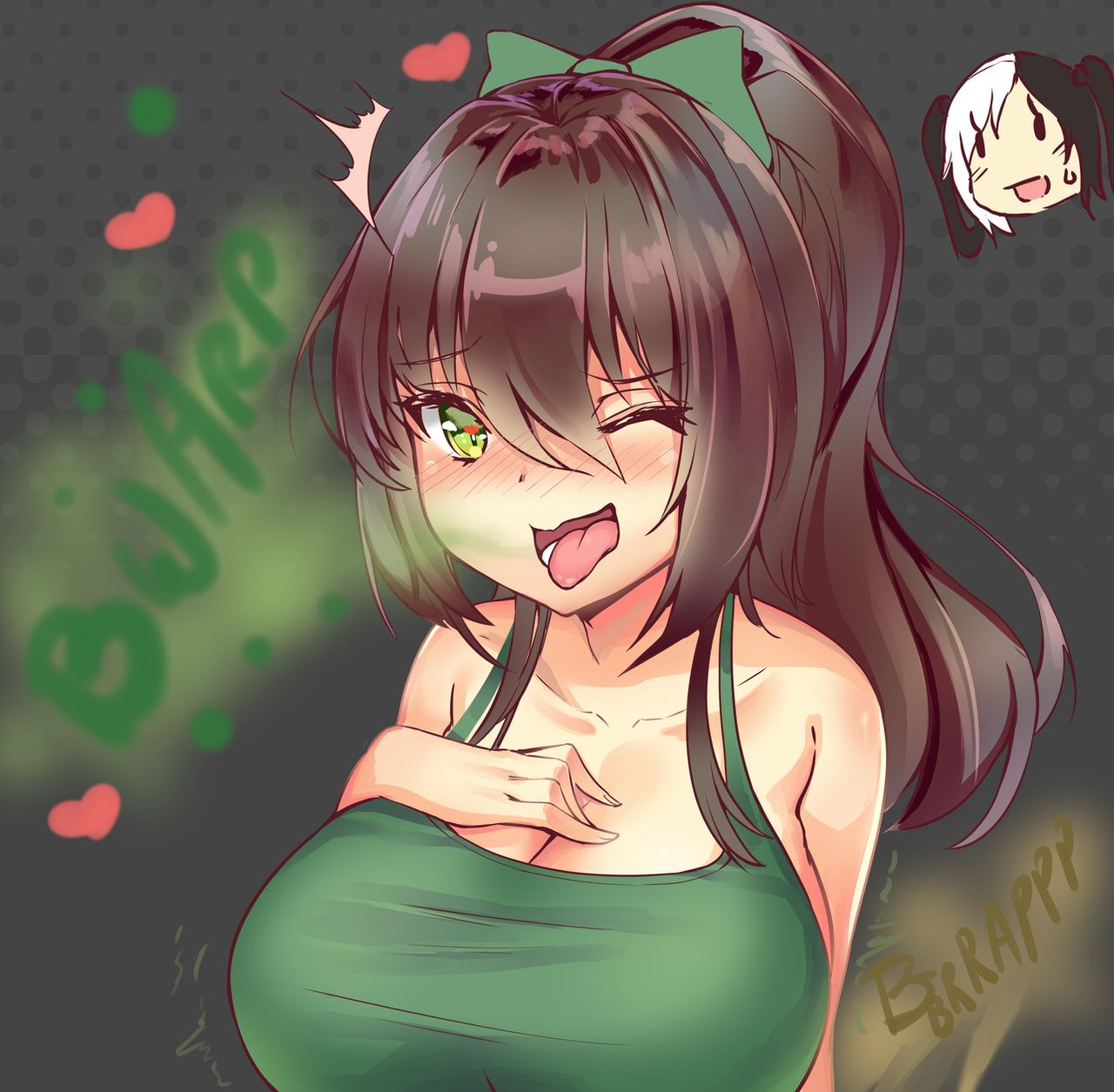 akt13, big breasts, breasts, breasts hang, brown hair, burp, burp bubbles, burp cloud, burp fetish, burping, burpy chan, enjoying farting, fart, fart cloud, fart fetish, farty chan, female, funlitogc, gassychan (artist), gina (funlitogc), green eyes, heart, heart symbol, heart-shaped pupils, hearts around head, leti, looking pleasured, multicolored hair, sweatdrop