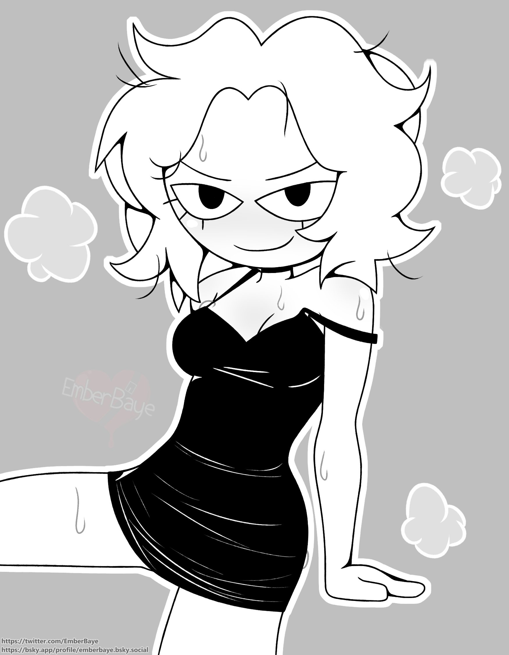 animation meme community, bare legs, beaniebearz, black dress, dress, emberbaye, eyes half open, fuck me eyes, instagram, leaning back, legs apart, monochrome characters, no bra, sitting, smiling at viewer, strap slip, sweat, youtube, youtuber