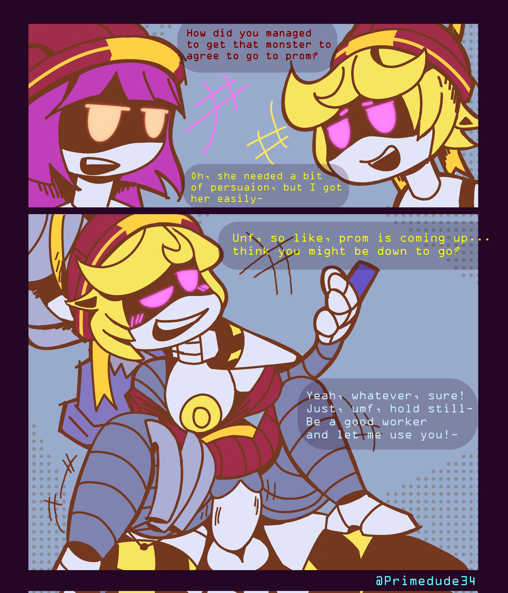 1futa, 2girls, breasts, breasts out, dialogue, doll (murder drones), female, full nelson, futanari, intersex, lizzy (murder drones), murder drones, primedude34, pussy, v (murder drones), vaginal penetration, vaginal sex, yellow nipples