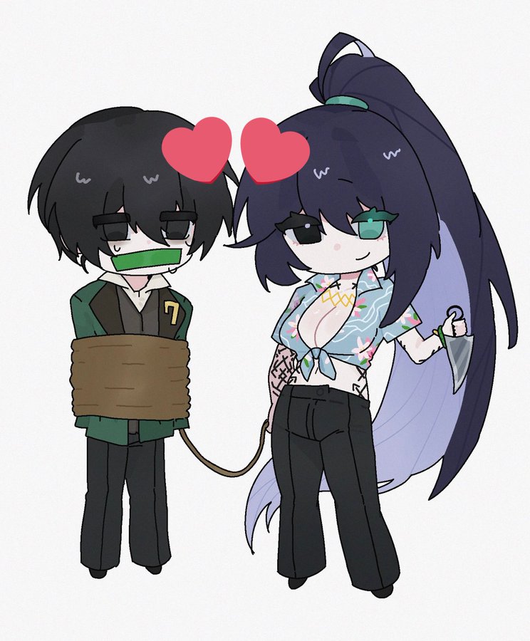 cleavage, heart, heterochromia, hong lu (limbus company), honglulove, knife, limbus company, male, project moon, rule 63, suit, tagme, tape gag, tattoo, tied up male, yi sang (limbus company)