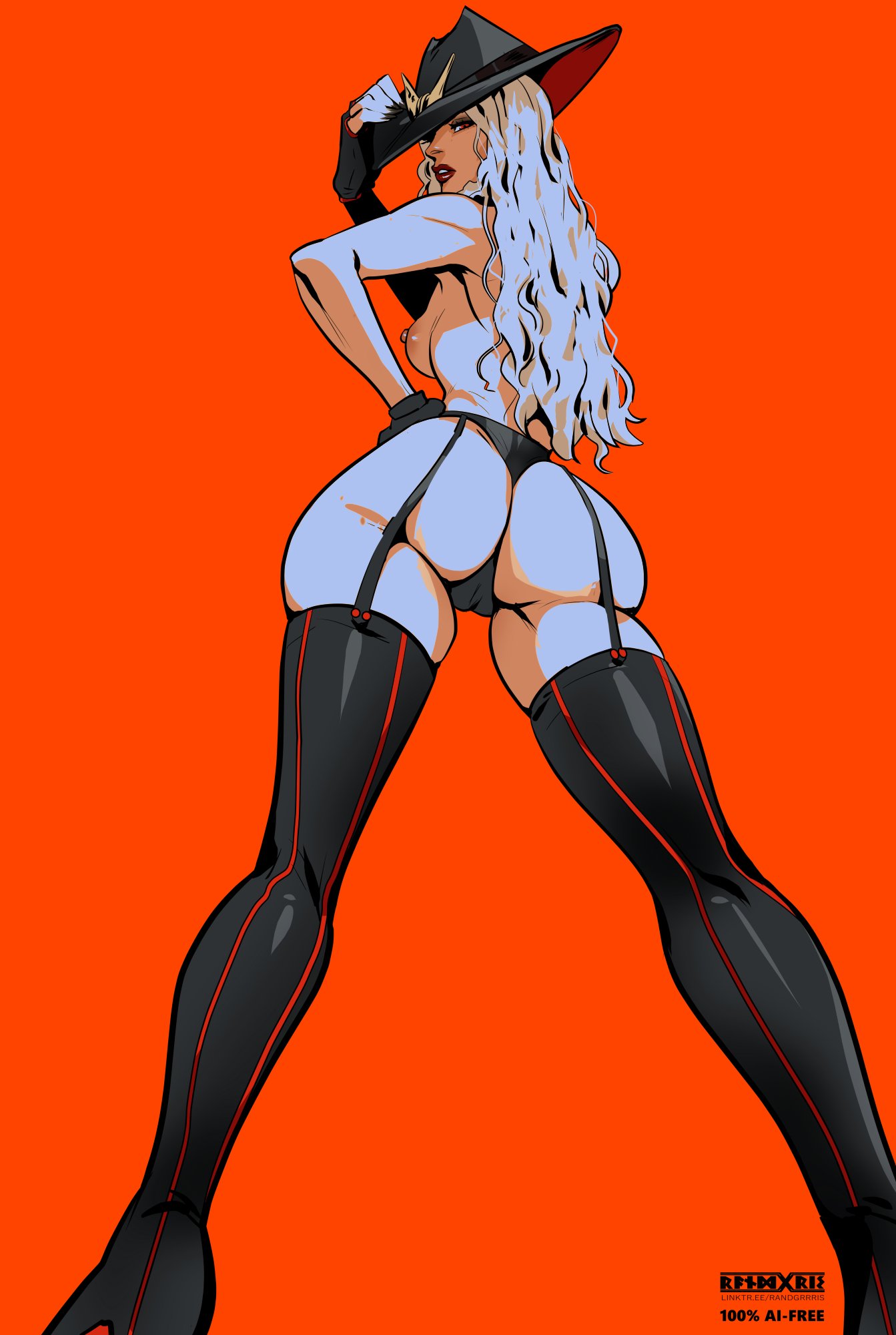 1girls, areolae, artist name, ashe (overwatch), ass, ass focus, back view, breasts, breasts out, fat ass, female, female only, hat, heels, lips, lipstick, long hair, nipples, orange background, overwatch, overwatch 2, painted nails, perky breasts, perky nipples, randgris, solo, solo female, stockings, topless, underwear, white hair