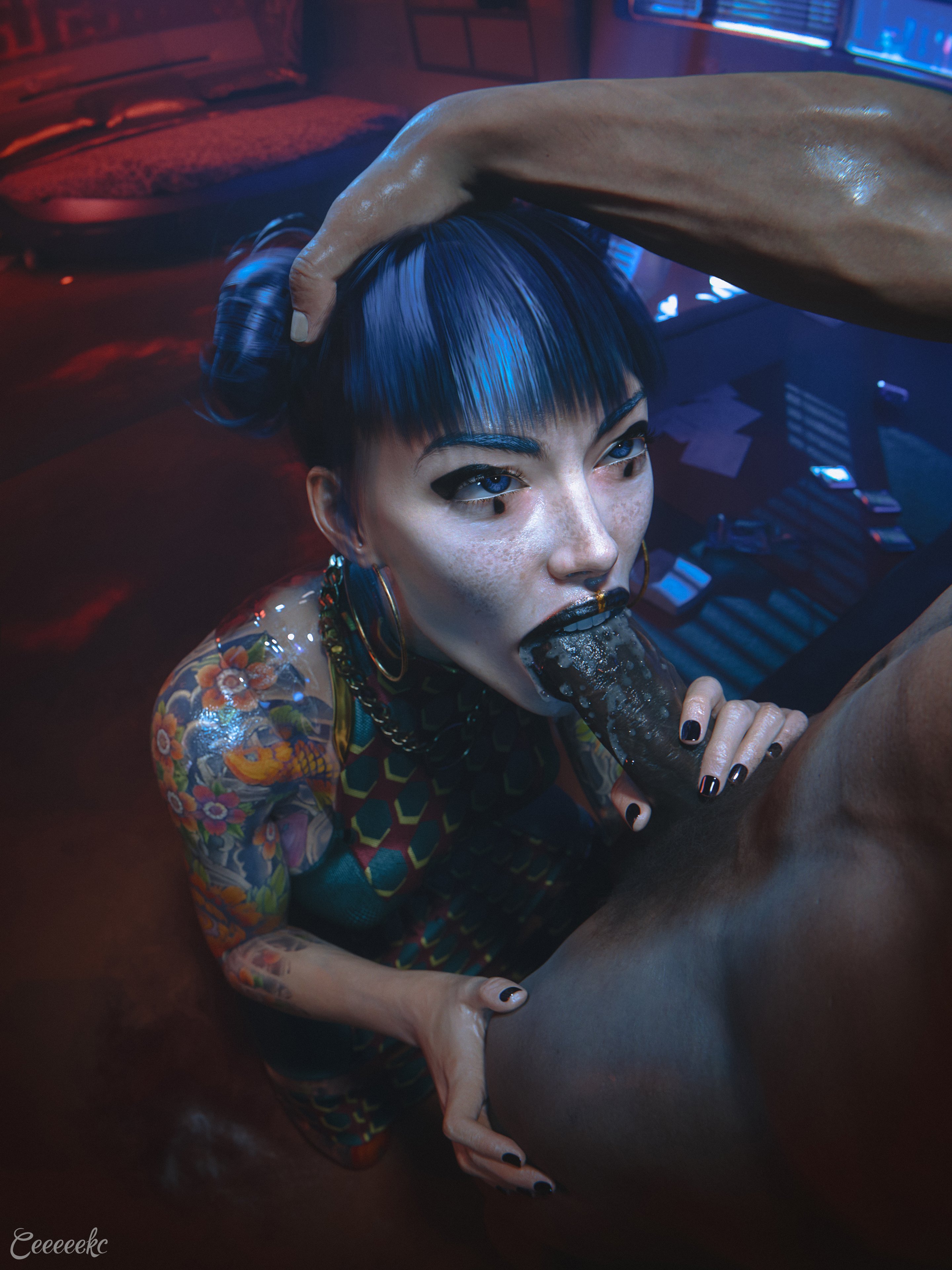 1boy, 1girls, 2025, 3d, black and gold lipstick, black nail polish, blowjob, blue eyes, blue hair, ceeeeekc, cfnm, cheri nowlin, clothed, clothed female, clothed female nude male, cocktail dress, completely nude, cum, cum in throat, cyberpunk 2077, dark skin, dark-skinned male, deepthroat, detailed background, dress, duo, eyeliner, fellatio, female, female penetrated, freckles, freckles on face, full body tattoo, hand around penis, highly detailed, hoop earrings, hooped earrings, image set, indoors, interracial, kneeling, kneeling on ground, lipstick, long hair, looking at partner, male, nail polish, nude, nude male, oral, oral penetration, oral sex, ox horns, painted nails, pattern dress, penis, placide, straight, straight sex, tattoo, throat fuck, tied hair, toothy fellatio, two-tone lipstick, yakuza tattoo