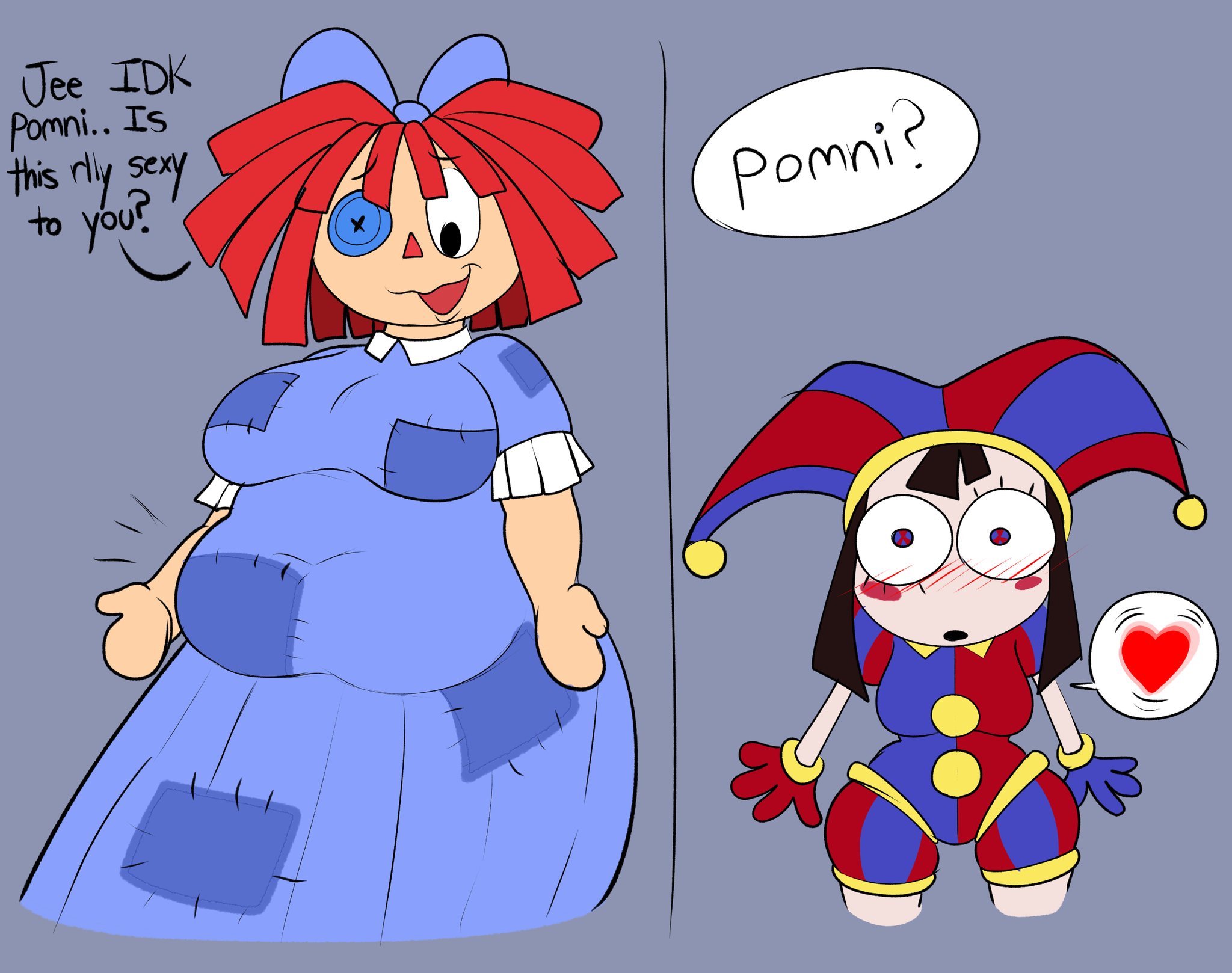 2girls, artist upload, blush, blushing, blushing female, chubby, chubby belly, chubby female, daisykitty96, dialogue, female, female only, glitch productions, pomni (the amazing digital circus), ragatha (the amazing digital circus), self upload, tagme, the amazing digital circus, yuri