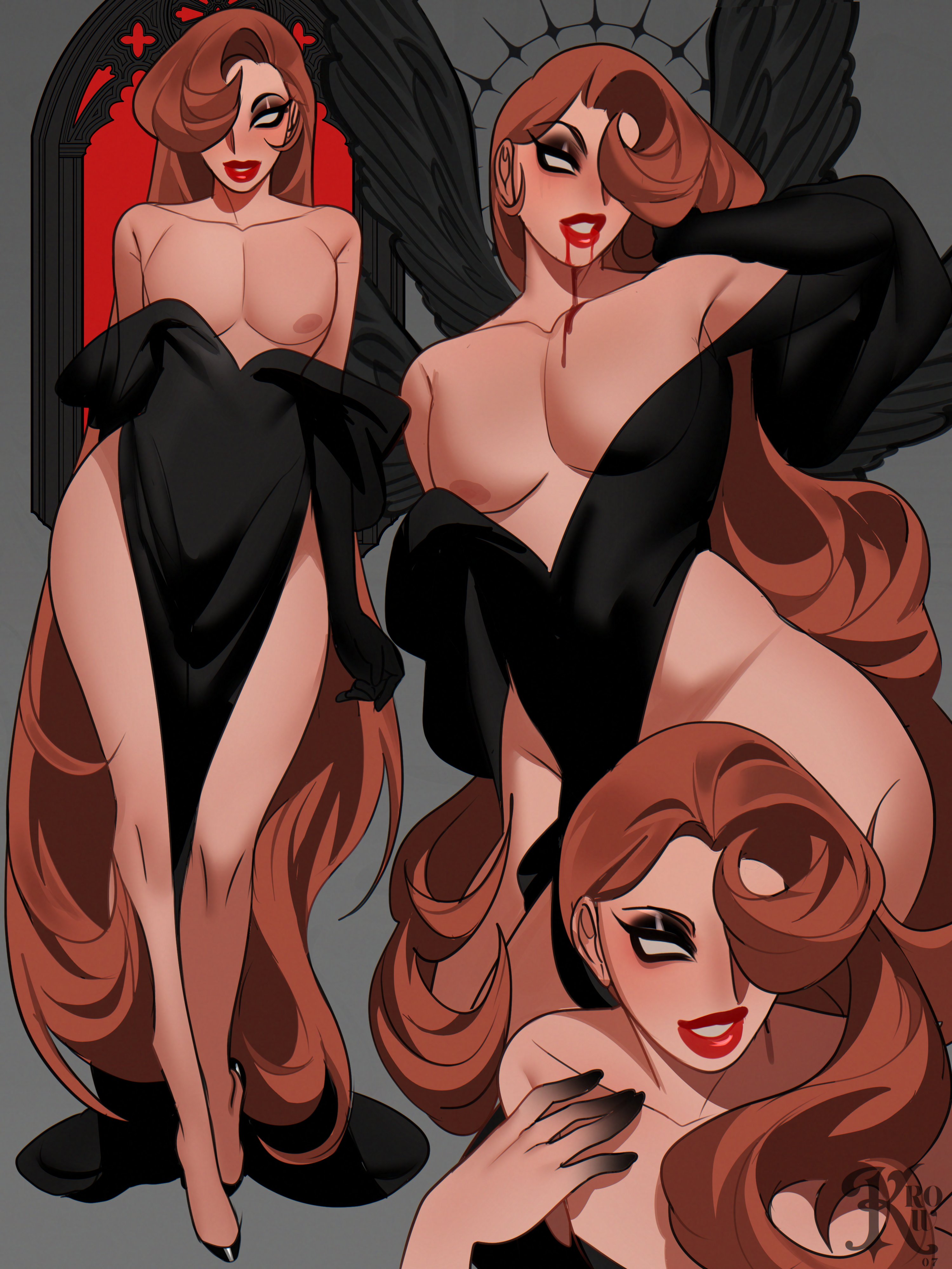 1boy, black dress, blood in mouth, blood on face, brown hair, brown-haired male, brunette hair, dress, eros (krow07), femboy, feminine male, heels, high heels, krow07, light skin, light-skinned male, lipstick, long hair, male, no pupils, original, original character, pecs, really long hair, red lipstick, solo, solo male, thighs, white eyes