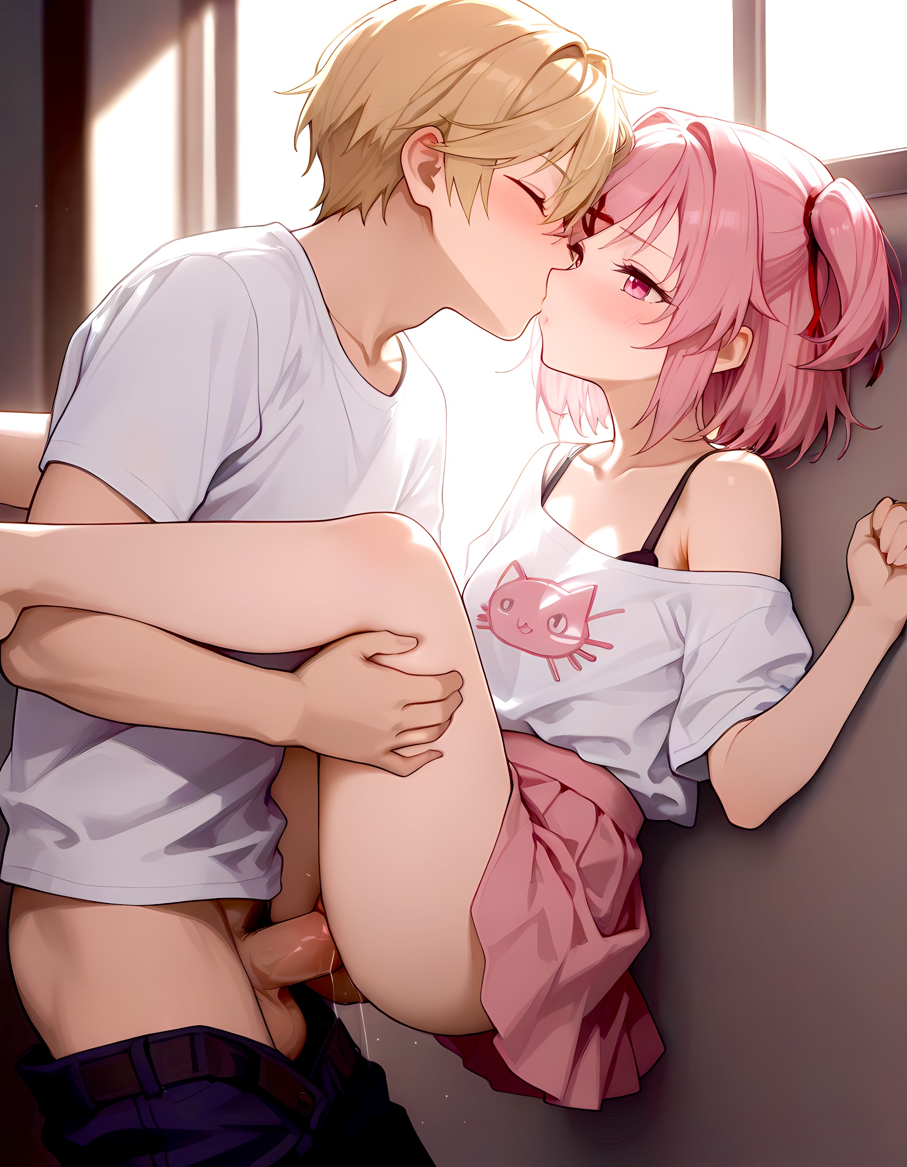 1boy, 1girls, against wall, ai generated, balls, black bra, blonde hair, blush, closed eyes, clothed sex, cute, doki doki literature club, female, frilled skirt, hairclip, kissing, legs up, male, natsuki (doki doki literature club), pants down, partially nude, penis, pink hair, pussy, pussy juice, sex, straight, t-shirt, testicles, twintails, vaginal penetration