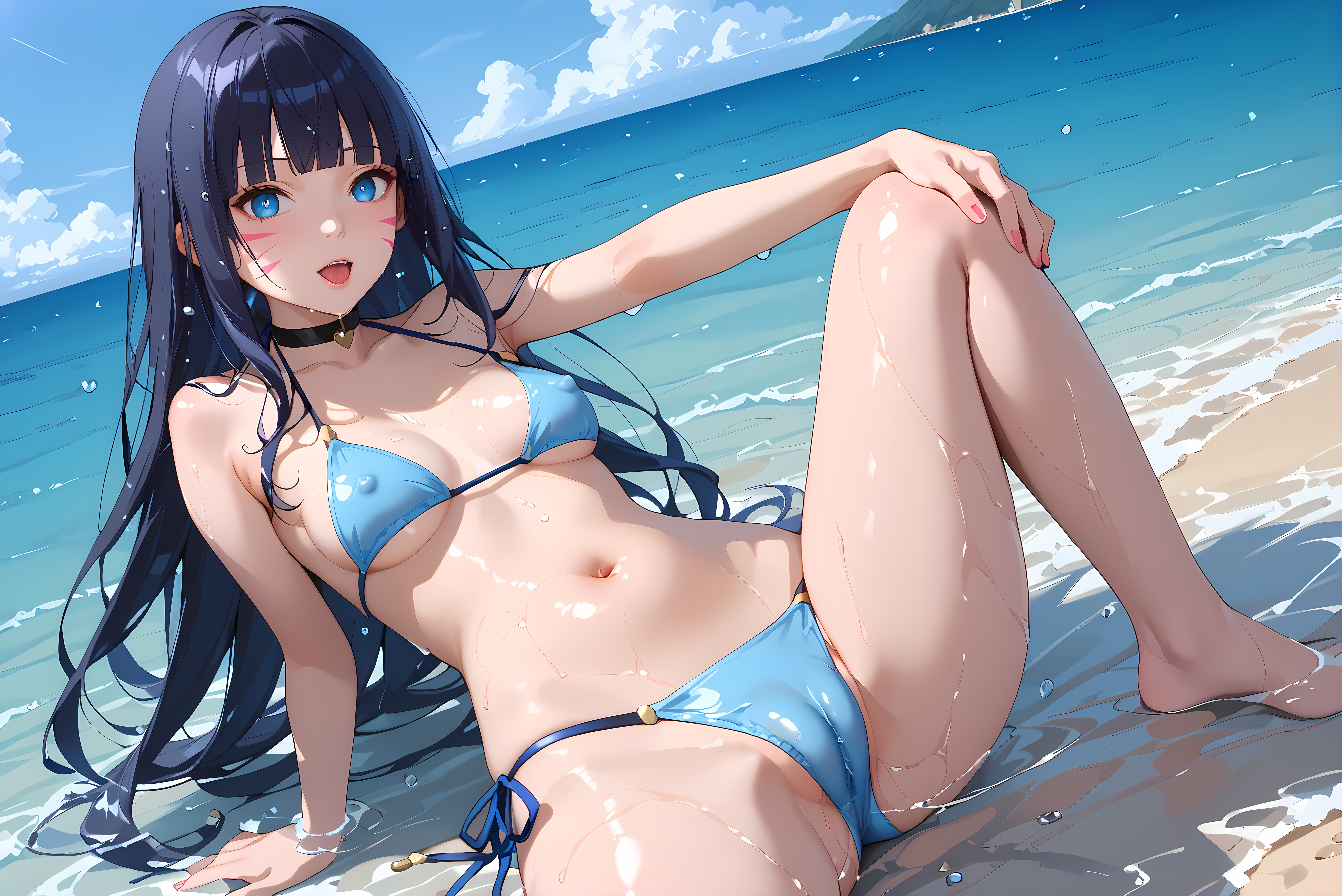 1girls, ai generated, alternate costume, bikini, boruto: two blue vortex, clothed, female, female only, long hair, naruto, naruto (series), on beach, teenage female, teenager, uzumaki himawari, very long hair