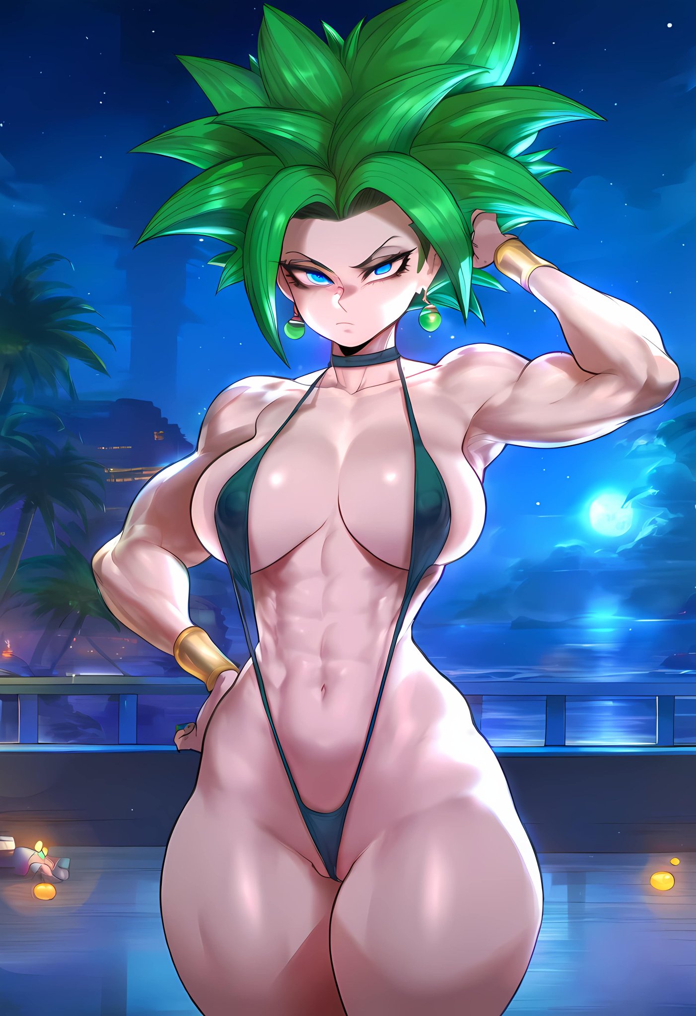 1girls, abs, ai generated, bare arms, bare legs, bare shoulders, bare thighs, big breasts, bikini, blue eyes, blush, breasts, clothed, clothing, color, dragon ball, dragon ball super, female, female focus, female only, fit, fit female, green hair, hi res, kefla, large breasts, light skin, light-skinned female, looking at viewer, luckypathai, muscles, muscular, muscular female, sling bikini, solo, solo female, super saiyan, swimsuit, thick thighs