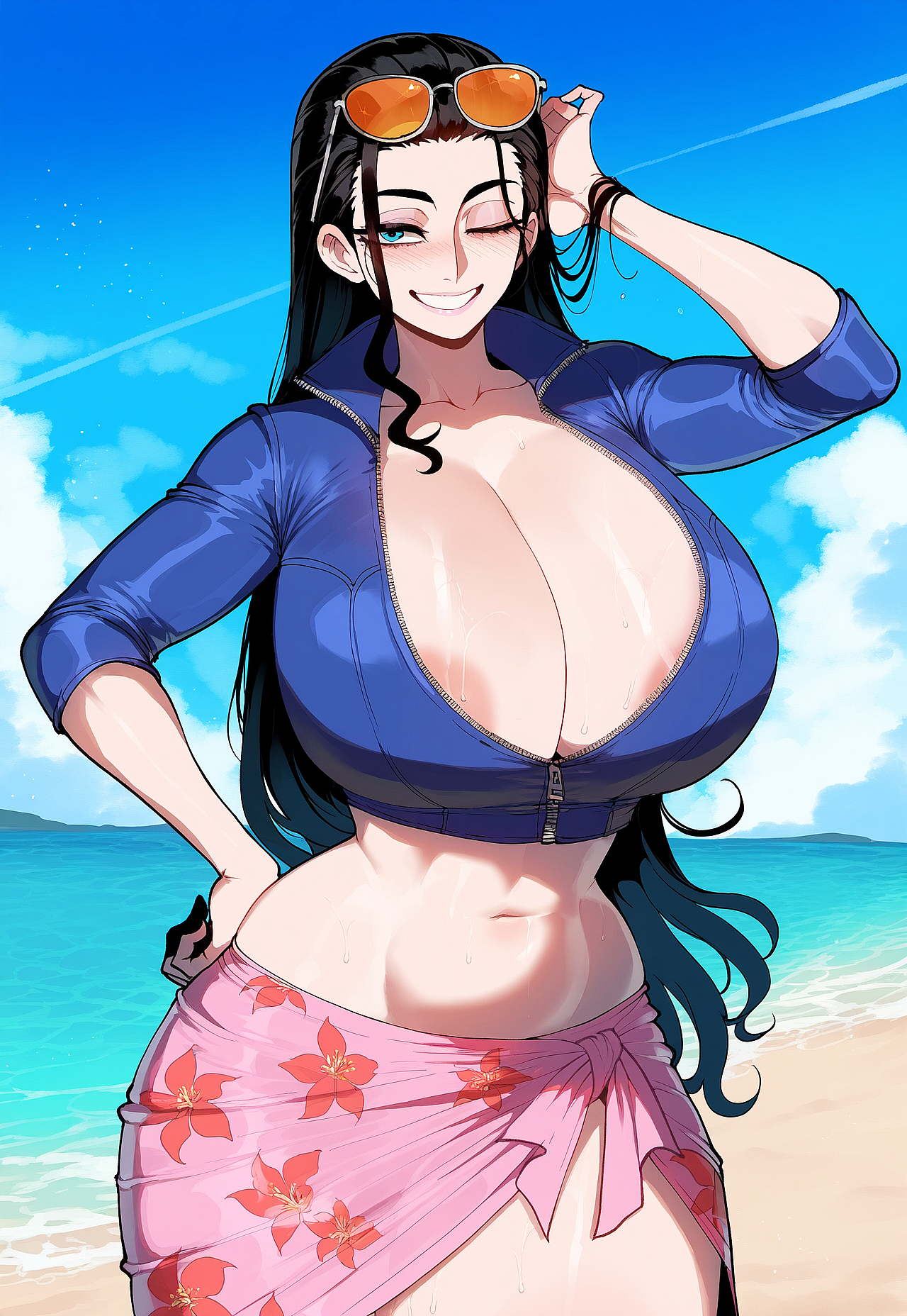 1girls, about to burst, ai generated, areola slip, barely contained, barely contained breasts, barely fits, big breasts, black hair, blue eyes, blue jacket, breasts, breasts too big, bursting breasts, clothed, clothing, curvy, female, female only, huge breasts, imminent wardrobe malfunction, indoors, juuicyai, large breasts, light skin, light-skinned female, massive breasts, narrow waist, nico robin, no bra, non-nude, one piece, posing, sfw, solo, strained zipper, straining clothing, sweat, thick thighs, tight clothes, tight clothing, tight fit, too tight, undersized clothes, undersized clothing, wide hips, zipper