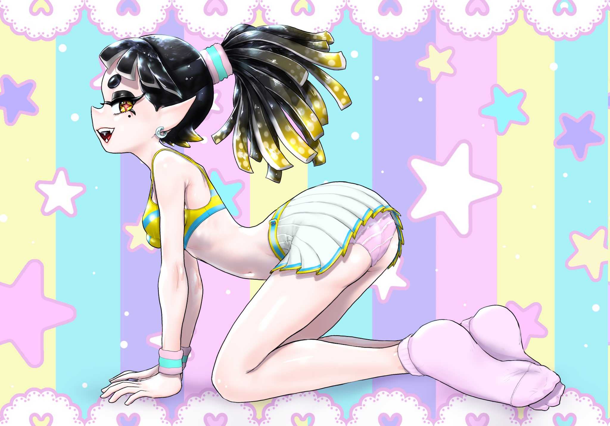 all fours, callie (splatoon), cheerleader, female, inkling, inkling girl, koharuno2, panties, pantyshot, skimpy clothes, splatoon, splatoon (series), squid sisters, squid sisters (splatoon), tagme, tentacle hair, upskirt