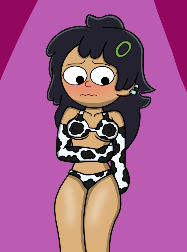 1girls amphibia amphibia_(finale) big_breasts bikini blush cow_girl cow_print cow_print_armwear cow_print_bikini cow_print_bra cow_print_panties disney disney_channel embarrassed embarrassed_expression embarrassed_female looking_away marcy_wu simple_background thick_legs thick_thighs wide_hips