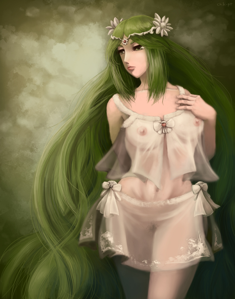 breasts, erect nipples, female, green hair, kid icarus, midriff, navel, nintendo, nipples, palutena, pubic hair, see-through, solo, very long hair