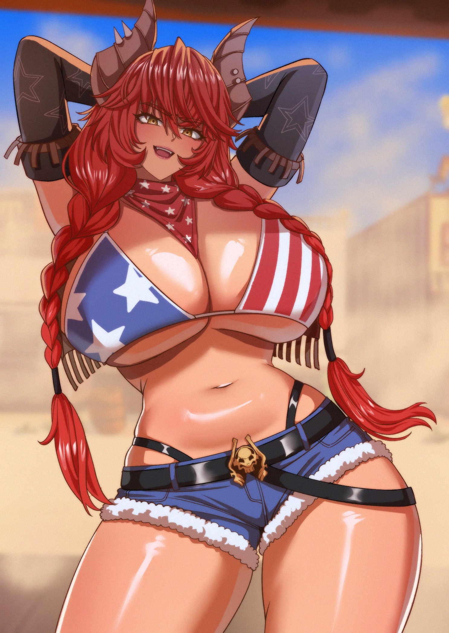 1girls, american flag bikini, big breasts, bikini, breasts, cleavage, dragon girl, dragon horns, female, flag bikini, flag print, huge breasts, red hair, ryuukusnpaiarts, scarf, shiny skin, solo, swimsuit, virtual youtuber, vshojo, yellow eyes, zentreya, zentreya (cowboy bikini)