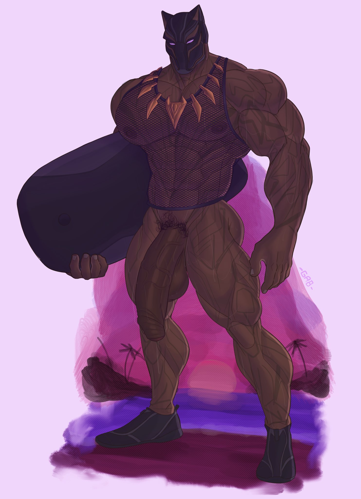 1boy, abs, bara, beach, big pecs, big penis, black panther (marvel rivals), black panther (marvel), black panther (series), dark skin, dark-skinned male, flaccid, full body, gab art, male, male focus, male only, marvel, marvel comics, marvel rivals, masked, masked male, muscular, muscular male, nipples, pecs, penis, pubes, pubic hair, solo, solo male, t'challa, transparent clothing, veiny penis, yaoi