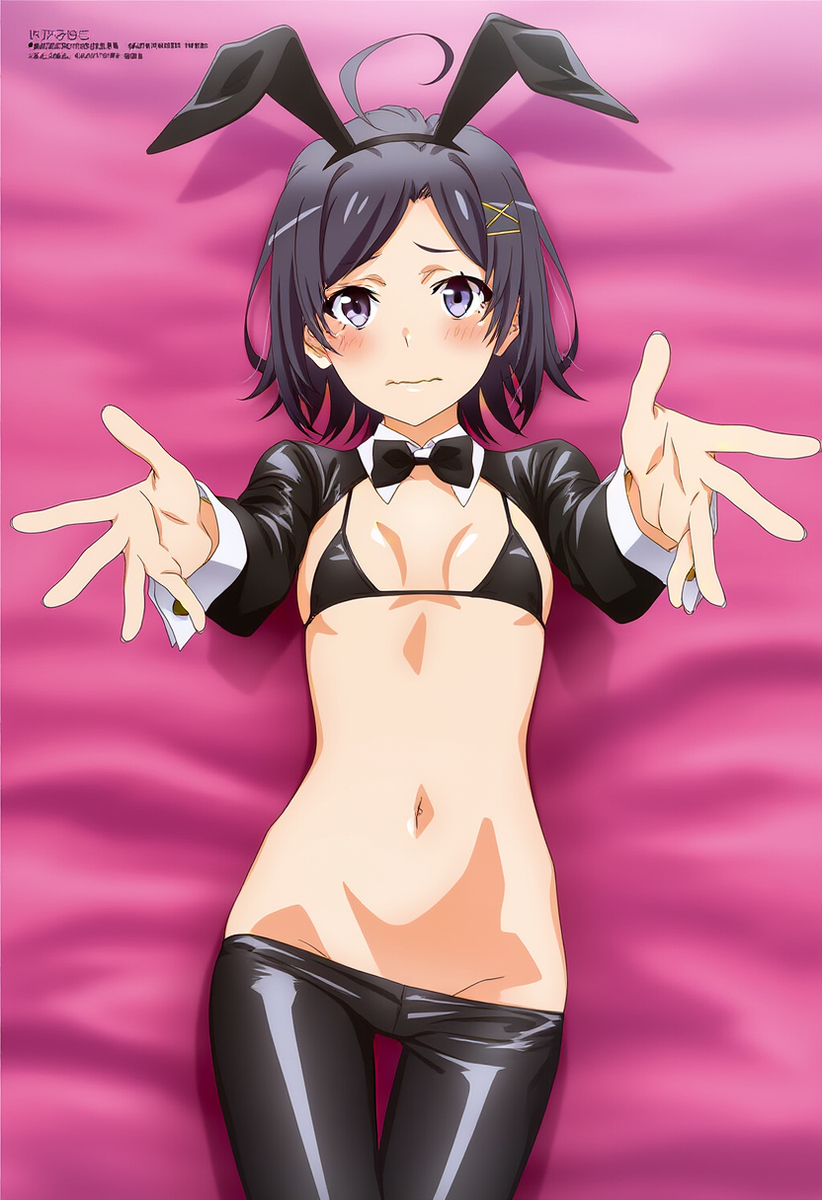 1girls, animal ears, blush, breasts, bunny ears, bunny girl, bunnysuit, female, female focus, hikigaya komachi, looking at viewer, my teen romantic comedy snafu, navel, reverse bunnysuit, small breasts, smiling, solo