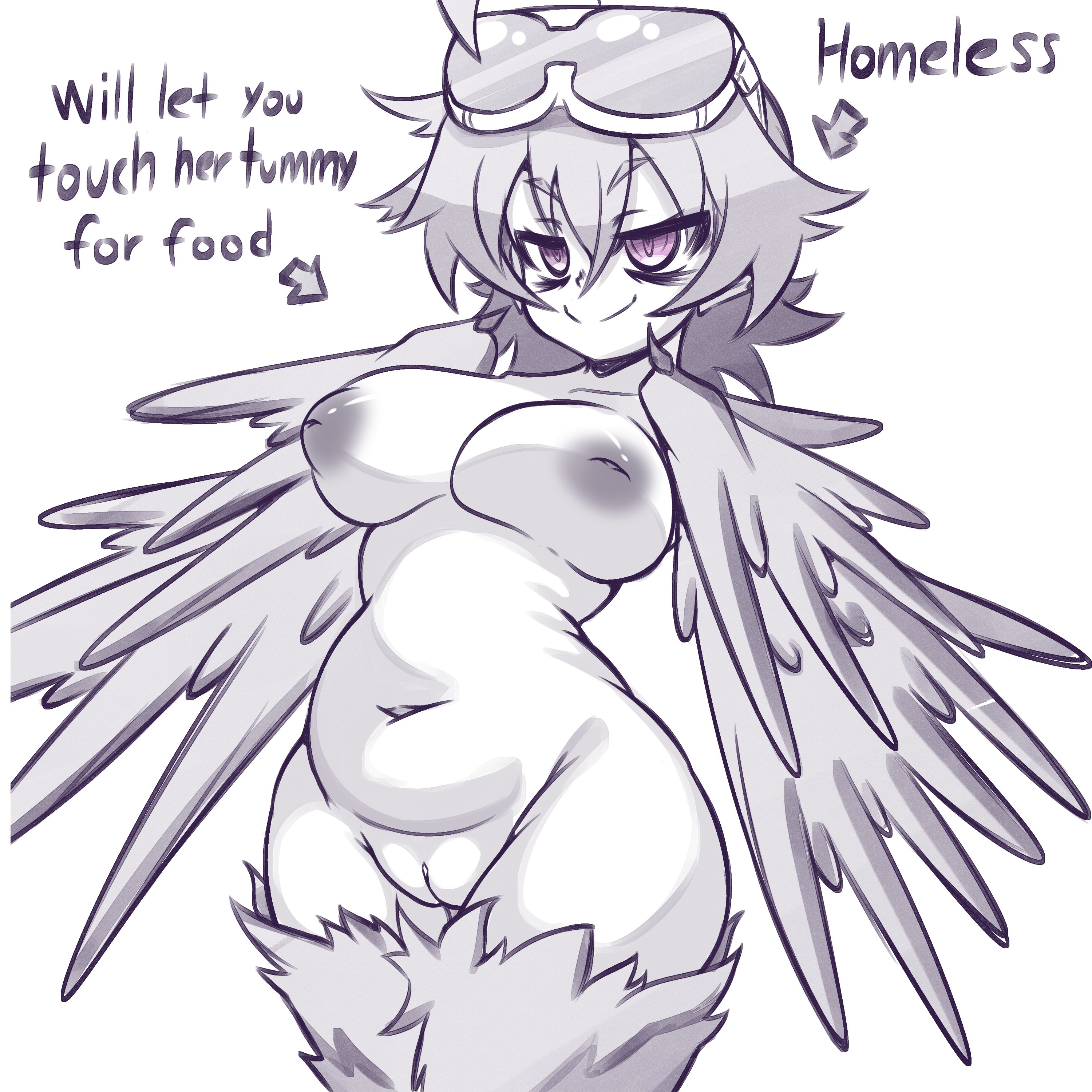 character request, chubby female, completely nude, copyright request, female, harpy, harpy girl, harpy humanoid, little pengo, monster girl, nipples, nude, pussy, tagme