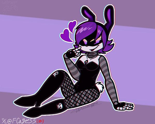 1girls, 2d, bunny costume, bunny ears, clothed, fcagess, female, female focus, female only, furry murder drone, heart, murder drones, purple hair, robot, robot girl, robot humanoid, robotic arm, short hair, solo, solo female, teasing, two-tone eyes, uzi (murder drones)