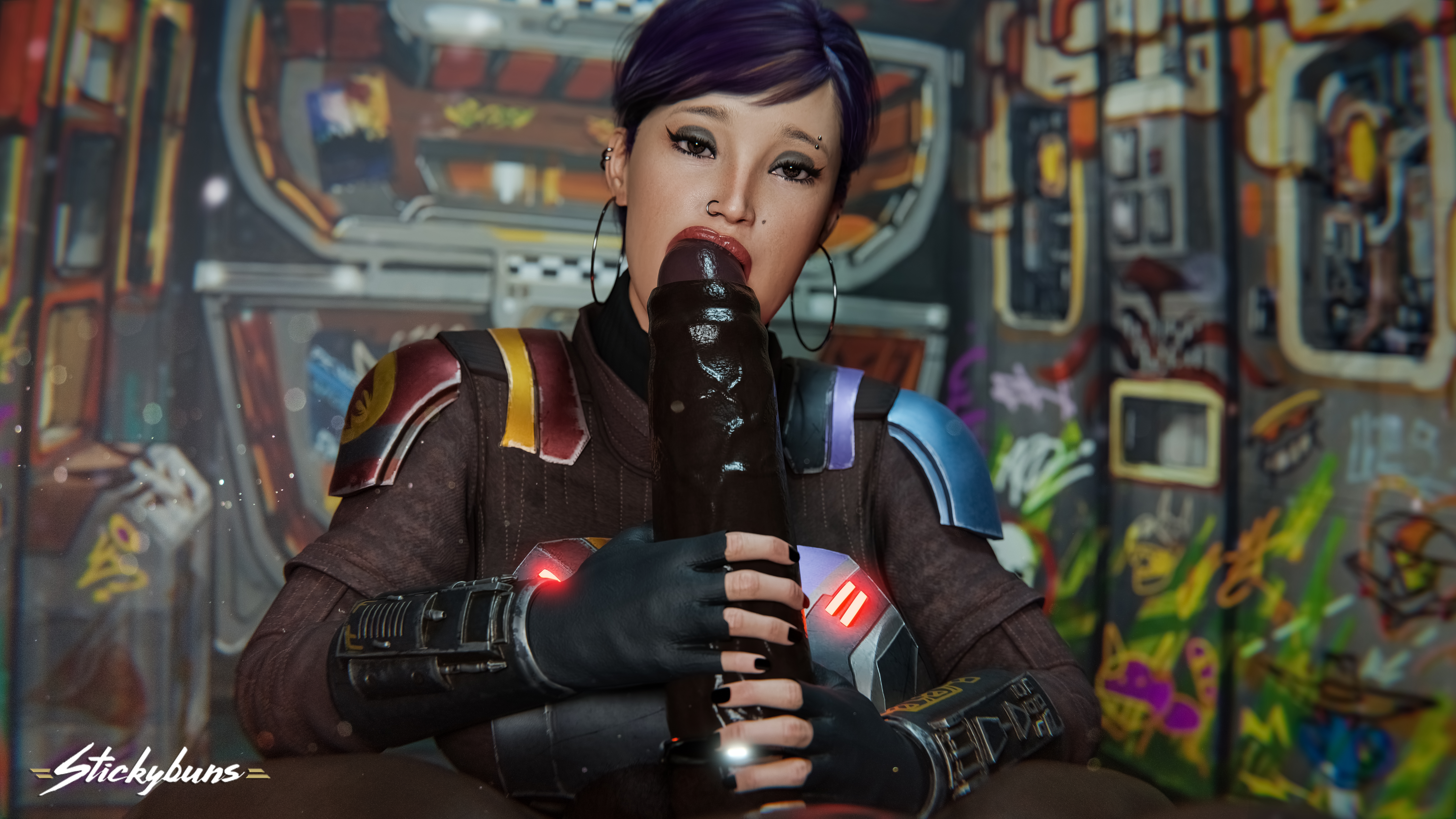 1boy, 1girls, 3d, armor, armored female, black gloves, black nails, blowjob, clothed, clothed female, clothed female nude male, dark skin, dark-skinned male, earrings, fellatio, female, fingerless gloves, gloved handjob, gloves, hand on penis, handjob, handjob with gloves, holding penis, hoop earrings, huge penis, interracial, light skin, light-skinned female, male, nude, nude male, oral, oral sex, penis, purple hair, sabine wren, short hair, star wars, star wars rebels, stickybuns, straight, tagme, touching penis, two-handed handjob