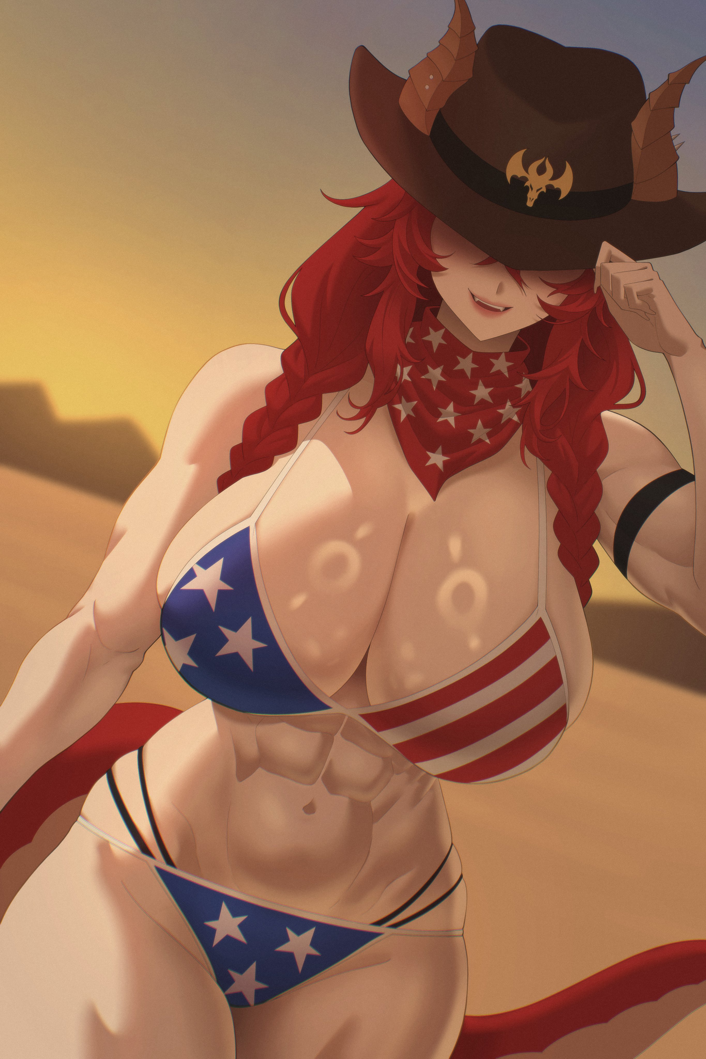 abs, big breasts, breasts, busty, cleavage, cowboy hat, dragon girl, dragon tail, female, hat, horns, huge breasts, muscles, muscular, muscular female, red hair, revealing clothes, scarf, toomywoomy, virtual youtuber, vshojo, zentreya, zentreya (cowboy bikini)