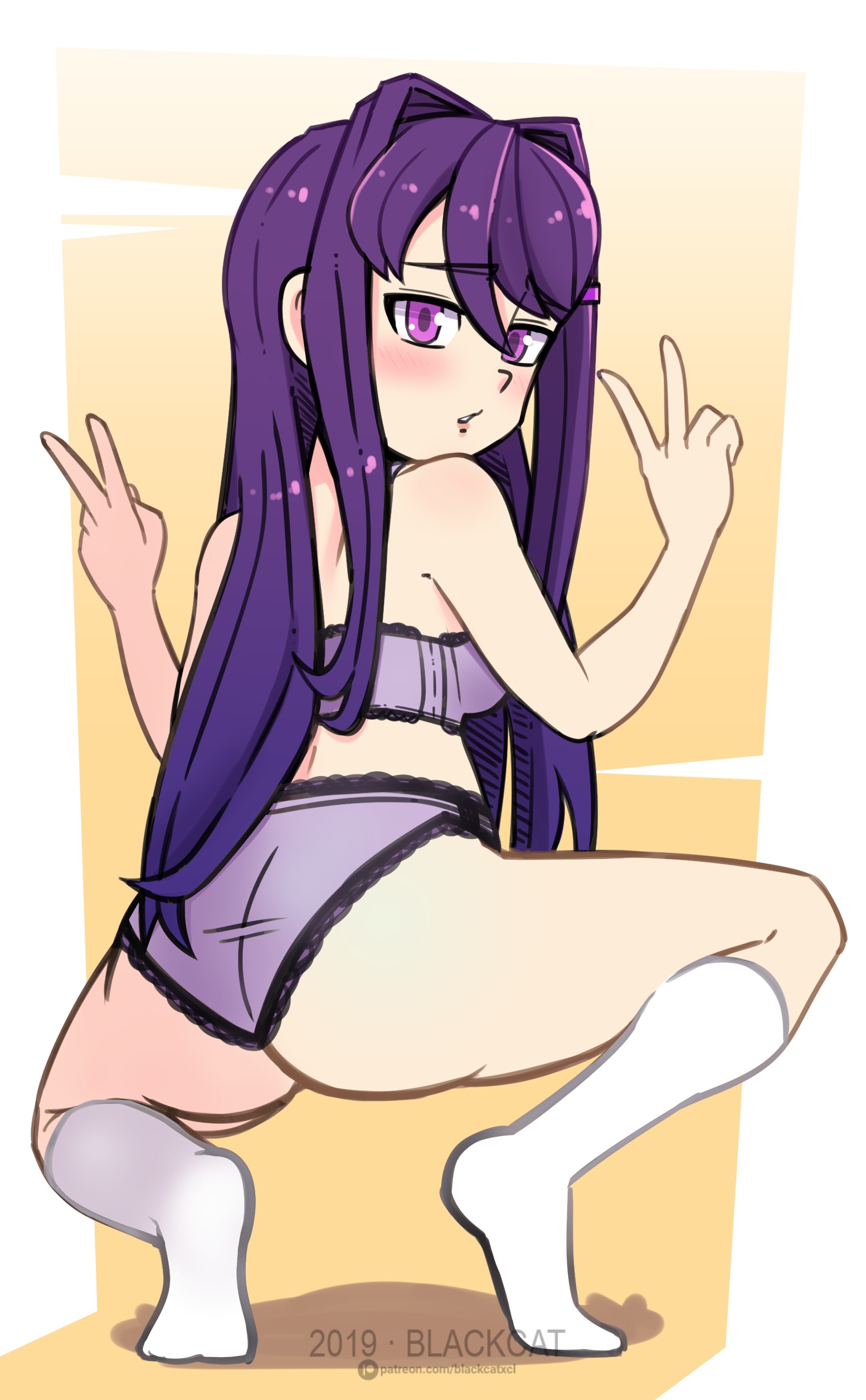 1girls, ass, barefoot, blackcatxcl, bra, doki doki literature club, feet, female, female only, female solo, long hair, panties, purple eyes, purple hair, socks, socks only, solo, solo female, solo only, underwear, yuri (doki doki literature club)