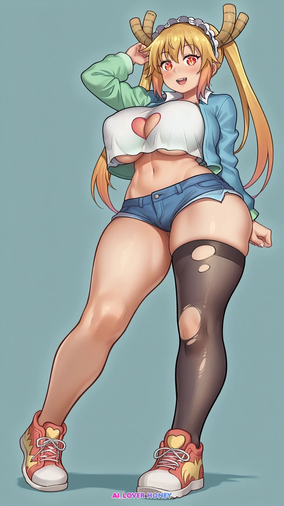 ai generated, ai loverhoney, female, miss kobayashi's dragon maid, thick thighs, thighhighs, tohru (dragon maid)