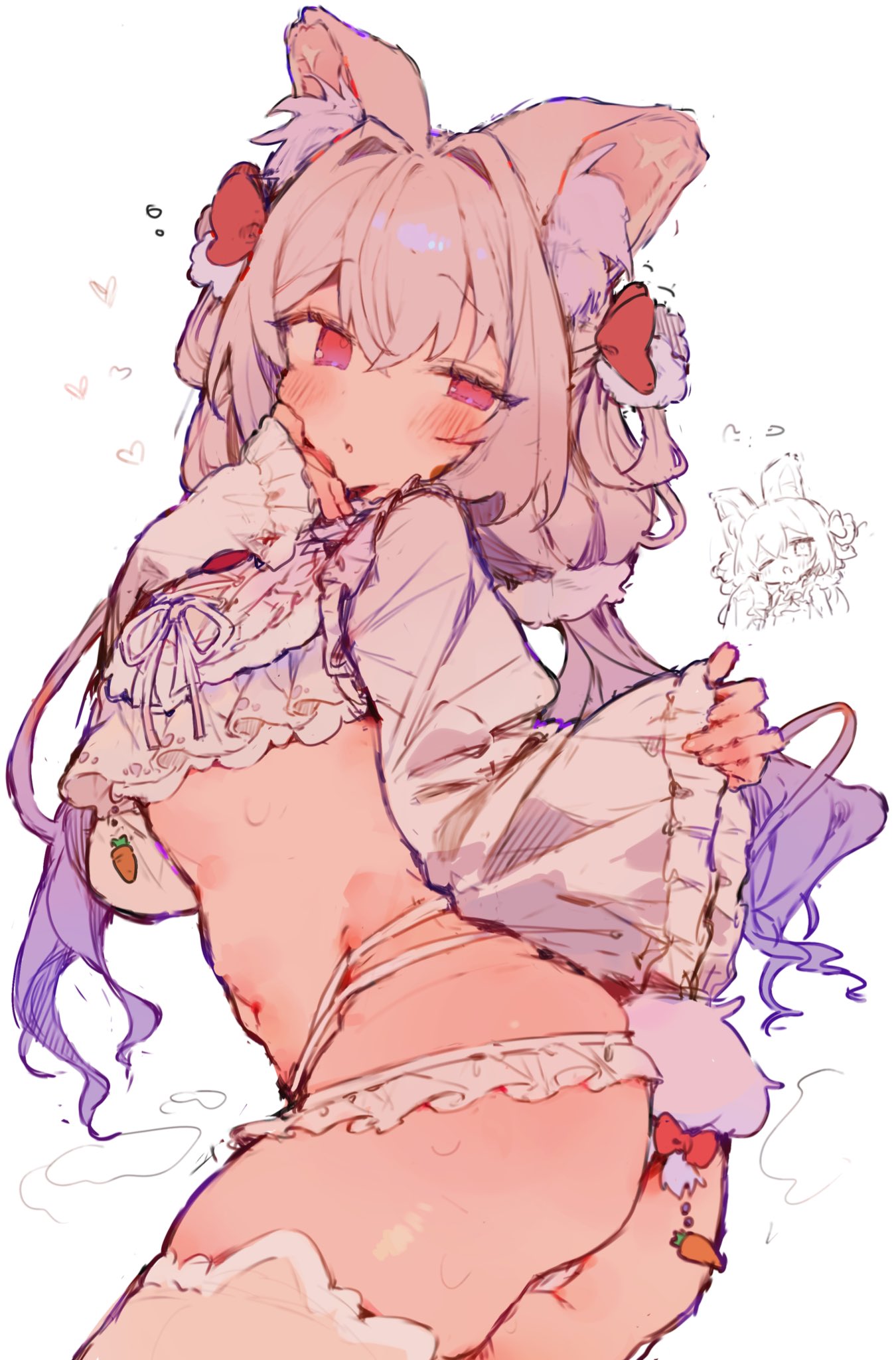 1girls, animal ear fluff, animal ears, ass, blush, bunchi, carrot, commission, crop top, female, female only, frills, gradient hair, grey hair, hair between eyes, hair intakes, hair ornament, hand on own face, heart, highres, kemonomimi, long sleeves, looking at viewer, looking back, low twintails, miniskirt, multicolored hair, multiple views, navel, original, otintin, pink eyes, pleated skirt, purple hair, rabbit tail, ribbon, simple background, skeb commission, skirt, sleeves past wrists, steam, tail, thighhighs, twintails, white background, white ribbon, white skirt, white thighhighs