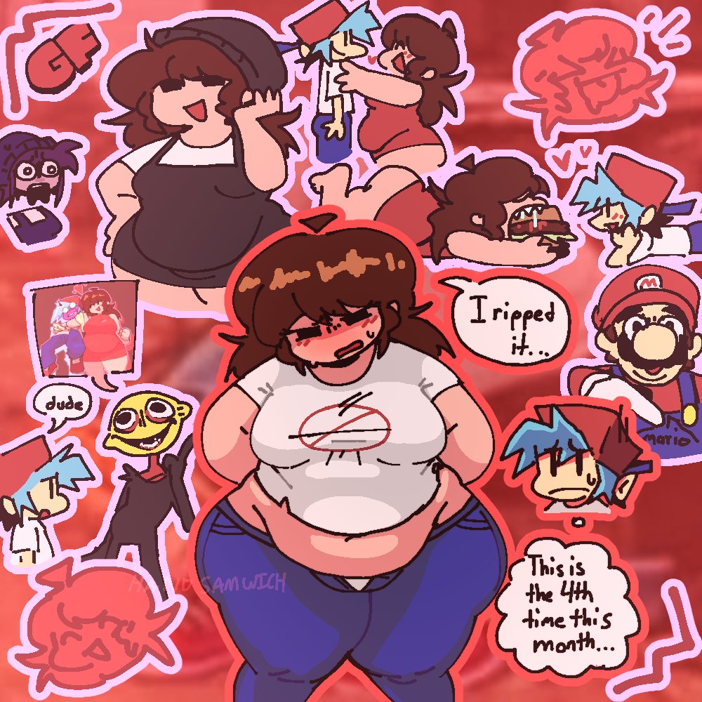 1girls 3boys ass auburn_hair bbw belly belly_overhang big_ass blush boyfriend_(friday_night_funkin) burger chubby chubby_female exposed_midriff fat fat_ass fat_butt fat_woman female friday_night_funkin girlfriend_(friday_night_funkin) handsamwich jeans larger_female male mario mario_(series) monster_(friday_night_funkin) newgrounds outgrowing_clothes overweight_female small_clothes sweat sweating t-shirt thick thick_ass thick_thighs thighs tummy
