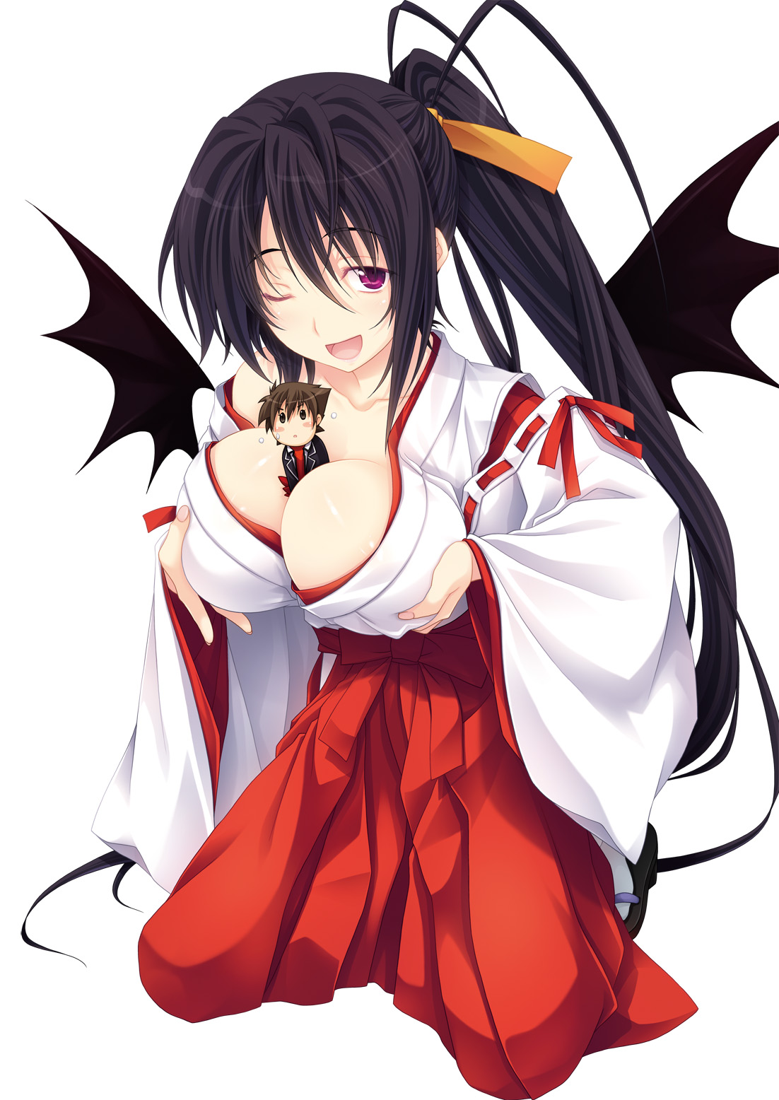 ;d, 1boy, 1girls, akeno himejima, artist request, between breasts, big breasts, black hair, breast grab, breasts, chibi, cleavage, double breast grab, female, giantess, grabbing own breast, hakama, high school dxd, holding breasts, hyoudou issei, japanese clothes, kneeling, large breasts, macro female, male, micro, micro in cleavage, micro male, micro on macro, miko, one eye closed, open mouth, person between breasts, ponytail, purple eyes, size difference, source request, wink