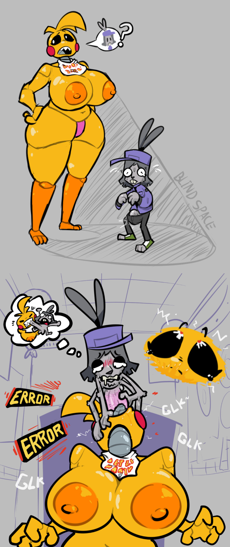 1girl, 1girls, algob4v, animatronic, bav, big breasts, big penis, blowjob, breasts out, choking on cock, deepthroat, eyes rolled back, face fucking, female, five nights at freddy's, five nights at freddy's 2, licking penis, massive breasts, robot, robot girl, security guard, straight, tagme, tongue out blowjob, toy chica (fnaf), vab (bav)
