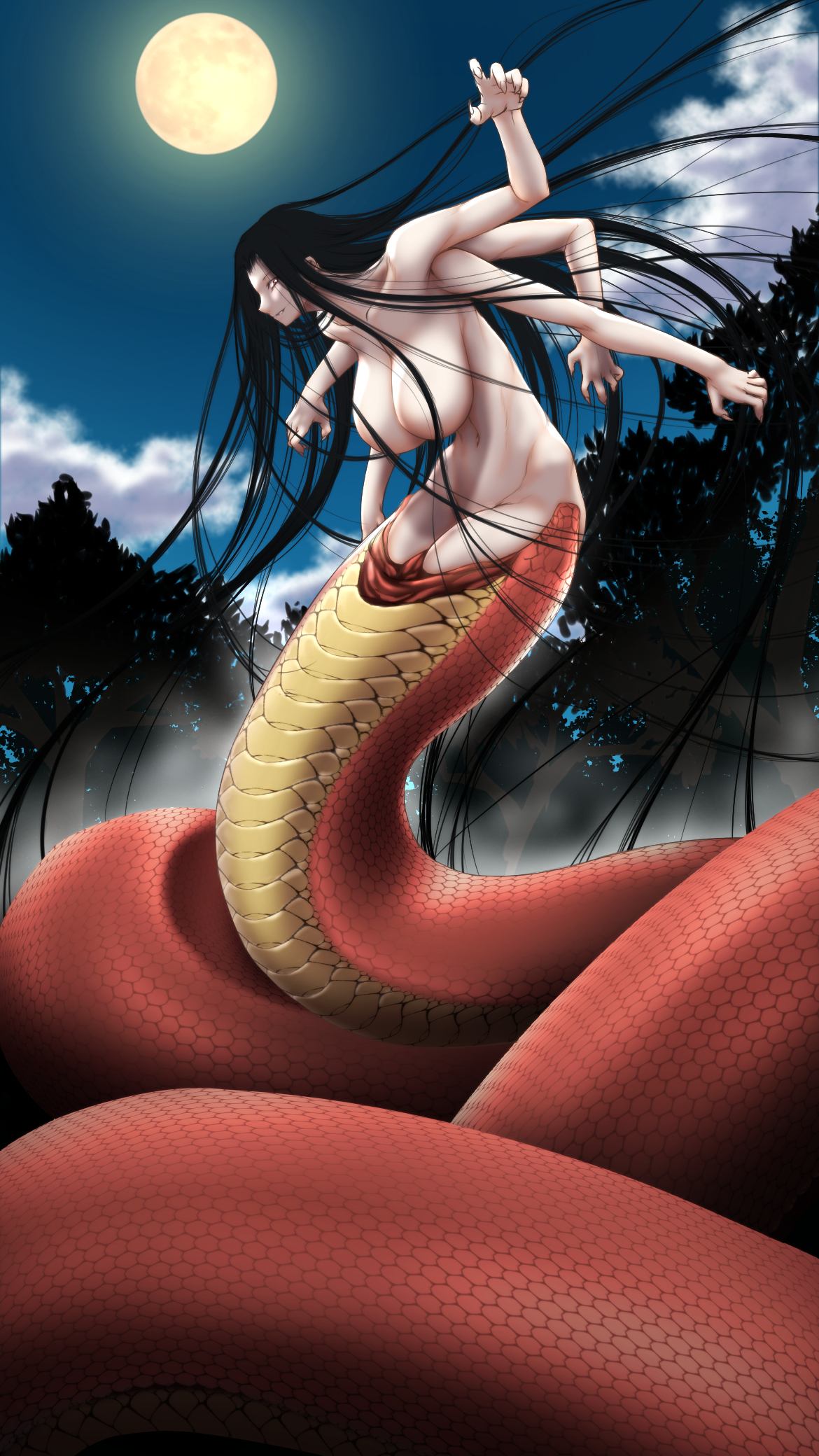 big boobs, big breasts, big tits, black hair, black-haired female, boobs, breasts, dara-san, female, glasgow smile, hourglass figure, huge boobs, huge breast, huge tits, large boobs, large breasts, large tits, long hair, long-haired female, massive boobs, massive breasts, massive tits, navel, reiwa no dara-san, tikuwabu, tits, youkai
