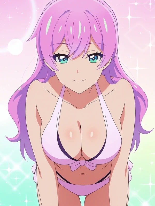 ai generated, blue eyes, blush, breasts, female, fuufu ijou koibito miman, looking at viewer, pink hair, pink swimsuit, swimsuit, watanabe akari