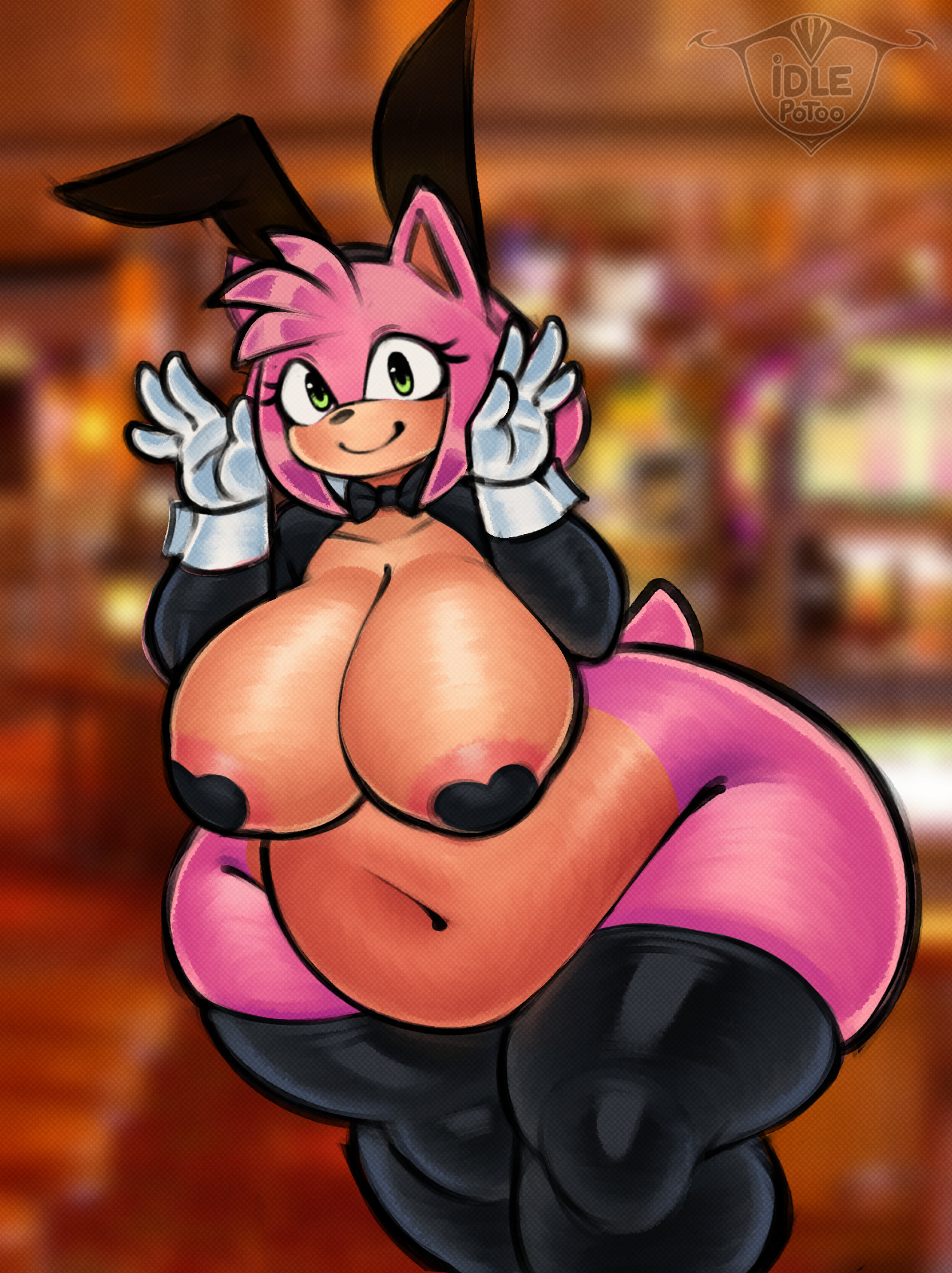 1girls, amy rose, bbw, bowtie, bowtie collar, breasts, breasts bigger than head, bunny costume, bunny ears, bunnysuit, female, female only, furry, furry female, furry only, gloves, hands on head, heart, heart pasties, heart symbol, huge breasts, huge thighs, idlepotoo, mostly nude, mostly nude female, multicolored fur, nipple pasties, overweight, overweight female, pasties, pillow shading, pink body, pink fur, pink skin, reverse bunnysuit, shiny, shiny breasts, shiny skin, short tail, solo, solo female, sonic (series), sonic the hedgehog (series), tail, thick, thick hips, thick legs, thick thighs, thighs bigger than head, white gloves, wide hips, wide thighs
