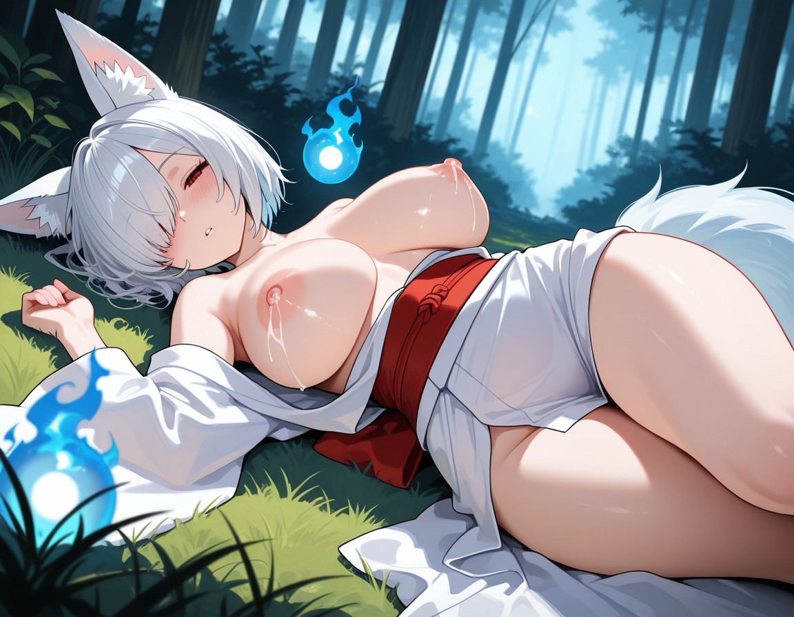 ai generated, brawlhalla, breasts, breasts out, closed eyes, female, forest, fox ears, fox girl, fox tail, kimono, lactation, lactation without expressing, large breasts, laying down, nature, nature background, nipples, self upload, short hair, sleeping, traditional clothes, white hair, wide hips, yumiko (brawlhalla)