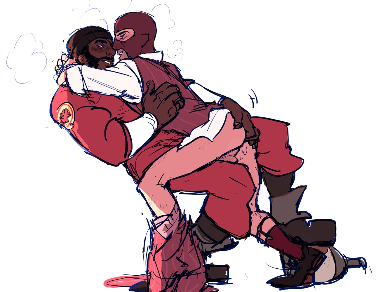 anal fingering, balls, blush, clothed sex, dark skin, dark-skinned male, demoman (team fortress 2), fingering, fingering ass, fingering partner, gay, gay sex, male, male only, pants down, si0rane, spy (team fortress 2), straddling, team fortress 2, yaoi