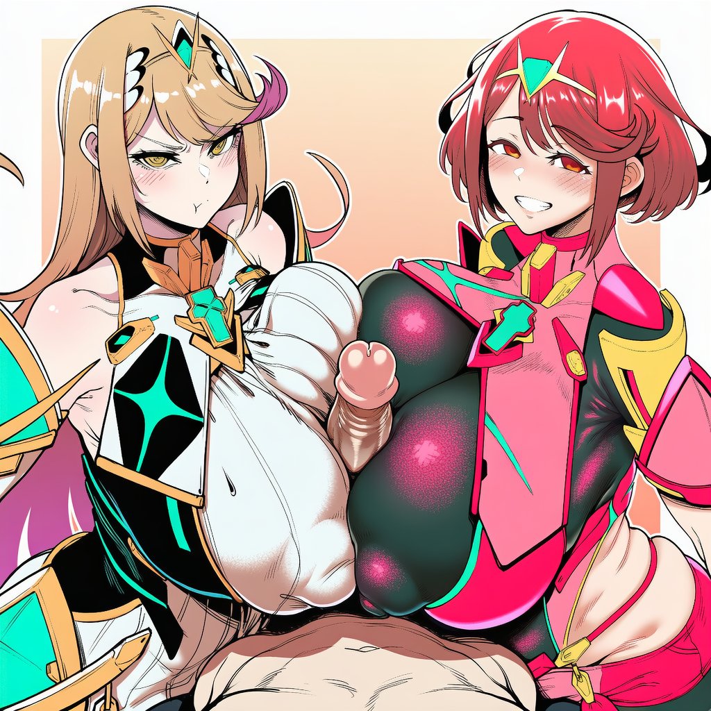 1boy, 2girls, ai generated, armor, bangs, blonde hair, blush, breasts, cleavage, clothed paizuri, dual persona, female, gem, gloves, headpiece, hetero, huge breasts, jewelry, large breasts, light-skinned female, light-skinned male, looking at viewer, male, manicmode, multiple females, multiple girls, mythra, mythra (xenoblade), paizuri, paizuri under clothes, penis, pov, pov eye contact, pyra, pyra (xenoblade), red eyes, red hair, short hair, shorts, smile, swept bangs, tiara, xenoblade (series), xenoblade chronicles 2, yellow eyes