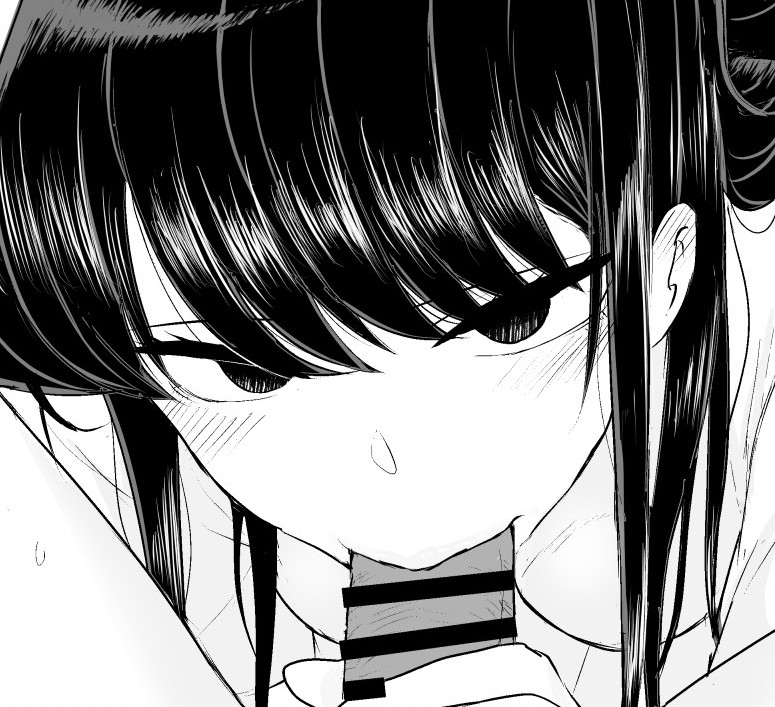 1boy, 1girls, bangs, bar censor, bent over, between legs, black and white, black hair, blowjob, blush, breasts, censor bar, censored, close-up, cock worship, erection, eye contact, faceless male, fellatio, female, female focus, fringe, greyscale, half-closed eyes, hanging breasts, komi shouko, komi-san wa komyushou desu, leaning forward, long hair, looking at viewer, male, male pov, medium breasts, monochrome, naughty face, no bra, on model, oral, oral sex, penis, penis grab, pov, pov eye contact, solo focus, style parody, sweat, sweatdrop, swept bangs, topless