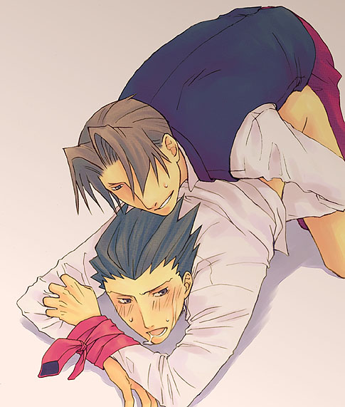 2boys anal anal_sex black_hair black_hair_bottom blush bottomless bound_wrists doggy_style domination from_behind gay gyakuten_saiban handjob light_hair_on_dark_hair male male_only miles_edgeworth naruhodou_ryuuichi narumistu saliva tie tied white_hair white_hair_on_black_hair white_hair_top wrightworth yaoi