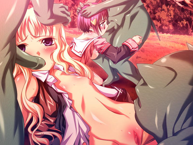 blonde_hair blush breasts cleo_cragganmore fellatio game_cg glasses harem_party kubota_anzu long_hair monster multiple_girls oral pink_hair pussy short_hair