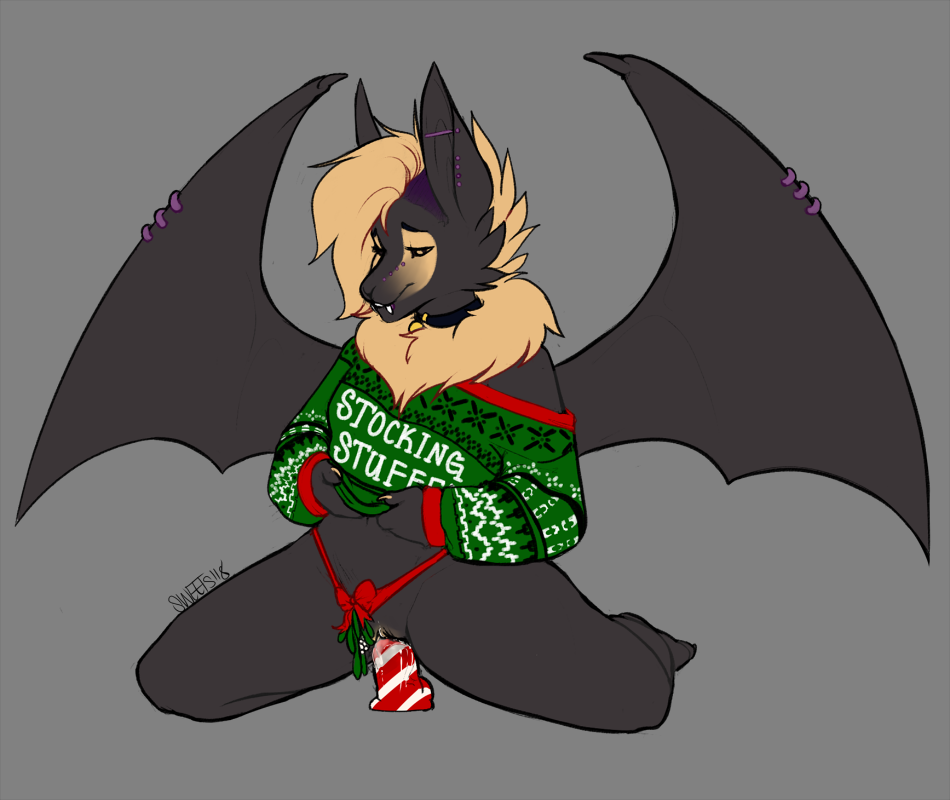 2018 anthro bat bottomless candy_cane_dildo christmas clitoris clothed clothing collar dildo ear_piercing female furgonomics furry-specific_piercing grey_background half-closed_eyes holidays kneeling mammal mistletoe neck_tuft partially_clothed penetration piercing plant pussy pussy_juice sex_toy simple_background solo spread_legs spreading sweater sweetsart tan_hair tuft vaginal_penetration vaginal_penetration wing_piercing zoey_batty