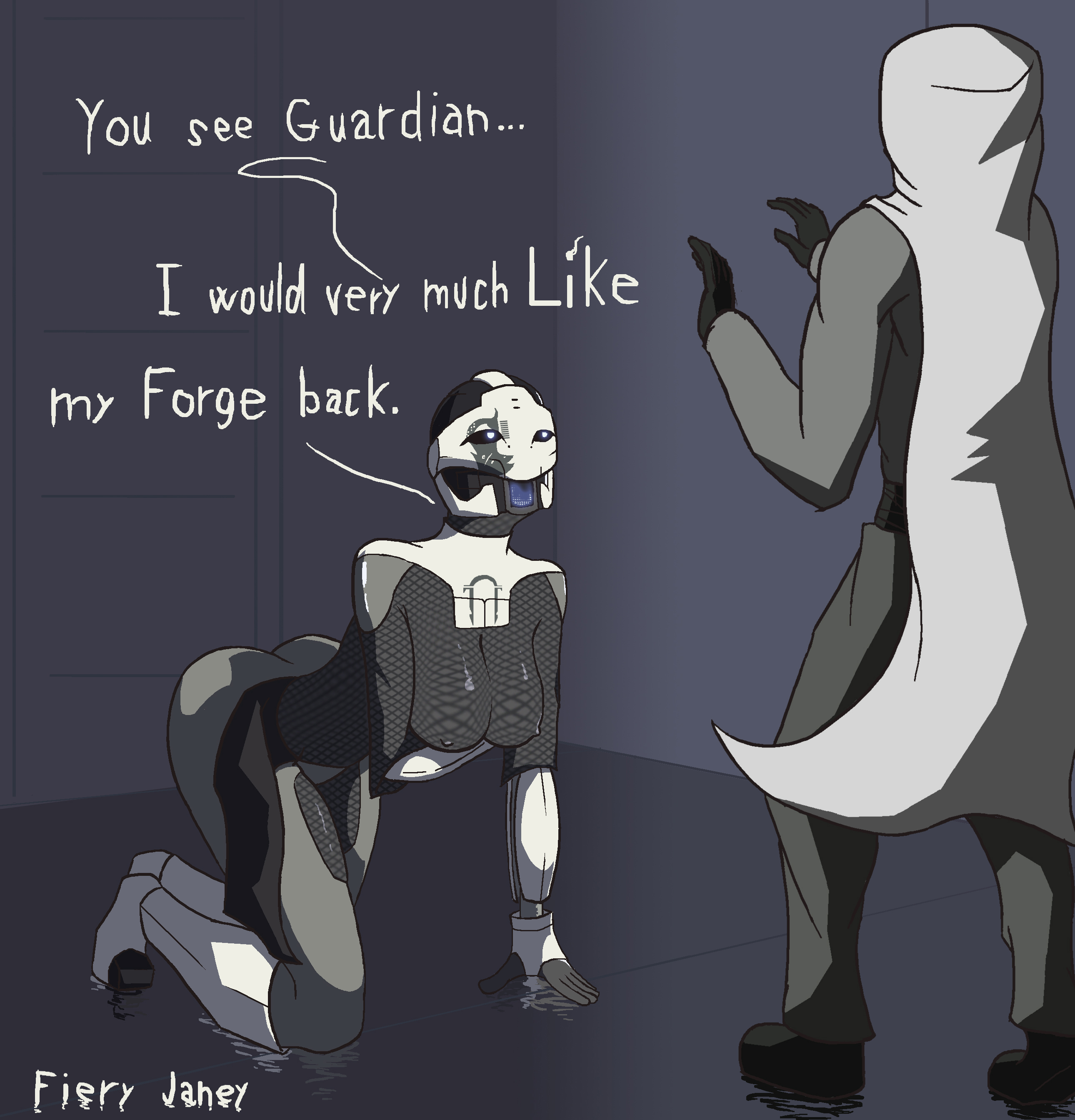 ada-1, all fours, breasts, destiny (game), dialogue, exo, female, glowing eyes, hanging breasts, on all fours, robot, suggestive, text, tight clothing, video games
