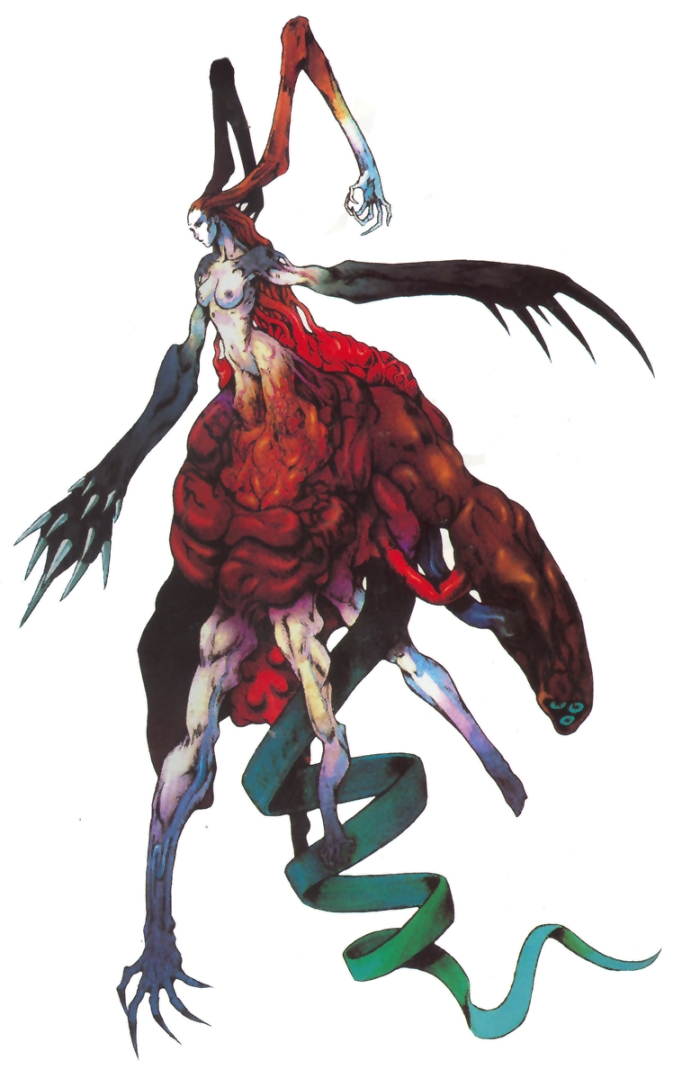 1990s 1998 1monster 20th_century body_horror breasts claws completely_nude completely_nude_female concept_art eve_(parasite_eve) female female_only full_body hair_arms long_hair melissa_pearce monster_girl multi_arm multi_leg multi_limb navel nightmare_fuel nipples nude nude_female official_art pale-skinned_female pale_skin parasite_eve solo_female square_enix tail thighs very_long_hair what wide_hips