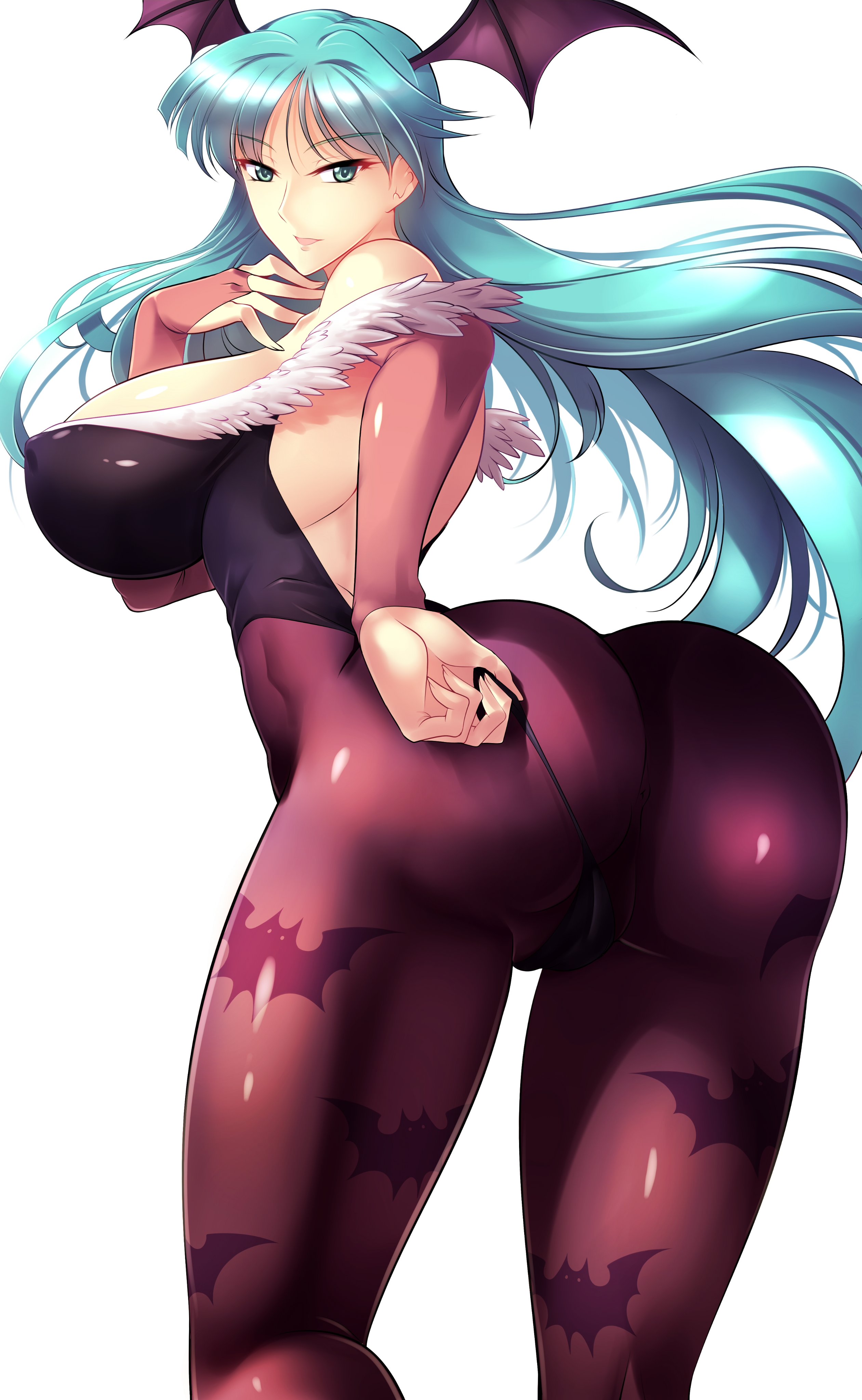 arched back, ass, back view, big breasts, breasts, capcom, clothed female, clothing, darkstalkers, demon, female, female focus, female only, green eyes, green hair, haganef, head wings, large breasts, leotard, leotard pull, long hair, looking at viewer, looking back, mature female, morrigan aensland, solo, solo female, solo focus, succubus