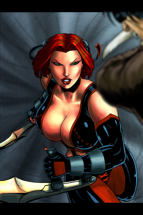 blades bloodrayne breasts cleavage color colored dhampir elbow_gloves fangs female green_eyes large_breasts latex latex_suit rayne red_hair redhead rplatt short_hair vampire weapon