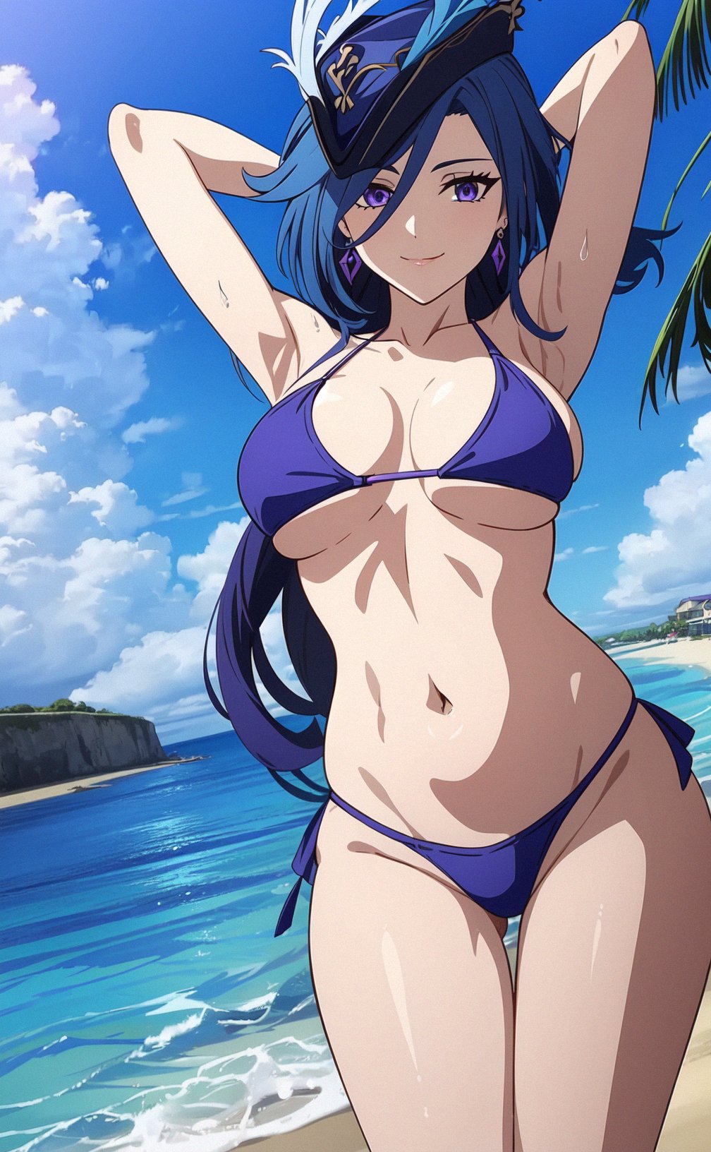 1girls ai ai_generated alternate_costume arms_behind_head arms_up beach belly_button big_breasts bikini bikini_bottom bikini_top blue_bikini blue_bikini_bottom blue_bikini_top blue_eyes blue_swimsuit bra clorinde_(genshin_impact) clouds day female female_focus female_only front_view genshin_impact hat hourglass_figure hoyoverse light-skinned_female light_skin long_hair looking_at_viewer mature mature_female mihoyo navel outdoors palm_tree purple_hair revealing_swimsuit sand sky slim_girl smiling smiling_at_viewer solo solo_female solo_focus standing summer swimsuit thong thong_bikini tommy_(artist) two_piece_swimsuit water