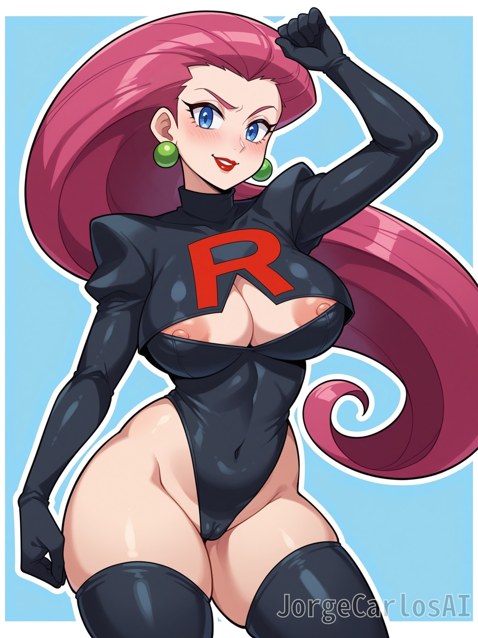 1girls, ai generated, ass, big breasts, black clothing, blue eyes, blush, blush lines, breasts, cameltoe, earrings, female, female focus, female only, jessie (pokemon), jorgecarlosai, leotard, lipstick, long hair, mature, mature female, navel, nipples, open clothes, pokemon, pokemon (series), purple hair, pussy, red lipstick, standing, team rocket, team rocket uniform, thick, thick ass, thick thighs, thighhighs, thighs, tight clothing, toned, toned female, very long hair, watermark, wide hips