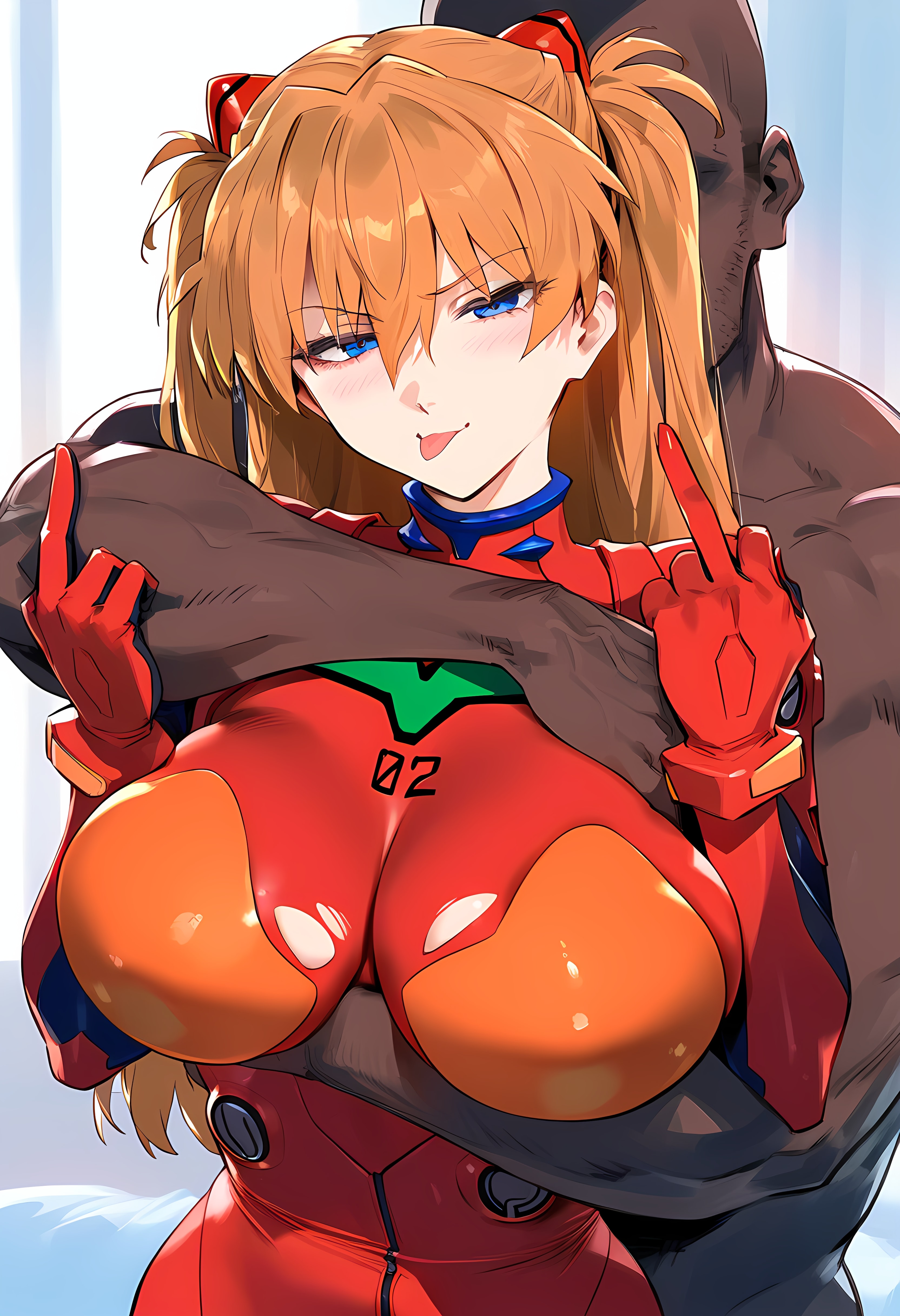:p, 1boy, 1girls, ai generated, asuka langley sohryu, bangs, blue eyes, blush, bodysuit, breasts, brown hair, cleavage, clothing, completely nude, curvaceous, curvaceous female, curvaceous figure, curvy, curvy figure, dark skin, dark-skinned male, faceless, faceless male, female, female focus, gloves, hair between eyes, hair ornament, interface headset, interracial, large breasts, light skin, light-skinned female, long hair, looking at viewer, male, middle finger, nakatori, neon genesis evangelion, nude, orange hair, pilot suit, plugsuit, red bodysuit, shiny, skin tight, smile, solo, straight, tongue, tongue out, torn bodysuit, torn clothes, two side up, v, voluptuous, voluptuous female