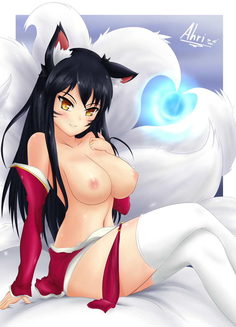 ahri, animal ears, bare shoulders, black hair, blush, breasts, character name, detached sleeves, energy ball, facial mark, female, fox ears, fox tail, heart, heart tail, humanoid, large breasts, league of legends, long hair, mleonheart, multi tail, navel, nipples, skirt, smile, solo, tail, thighhighs, topless, white legwear, yellow eyes