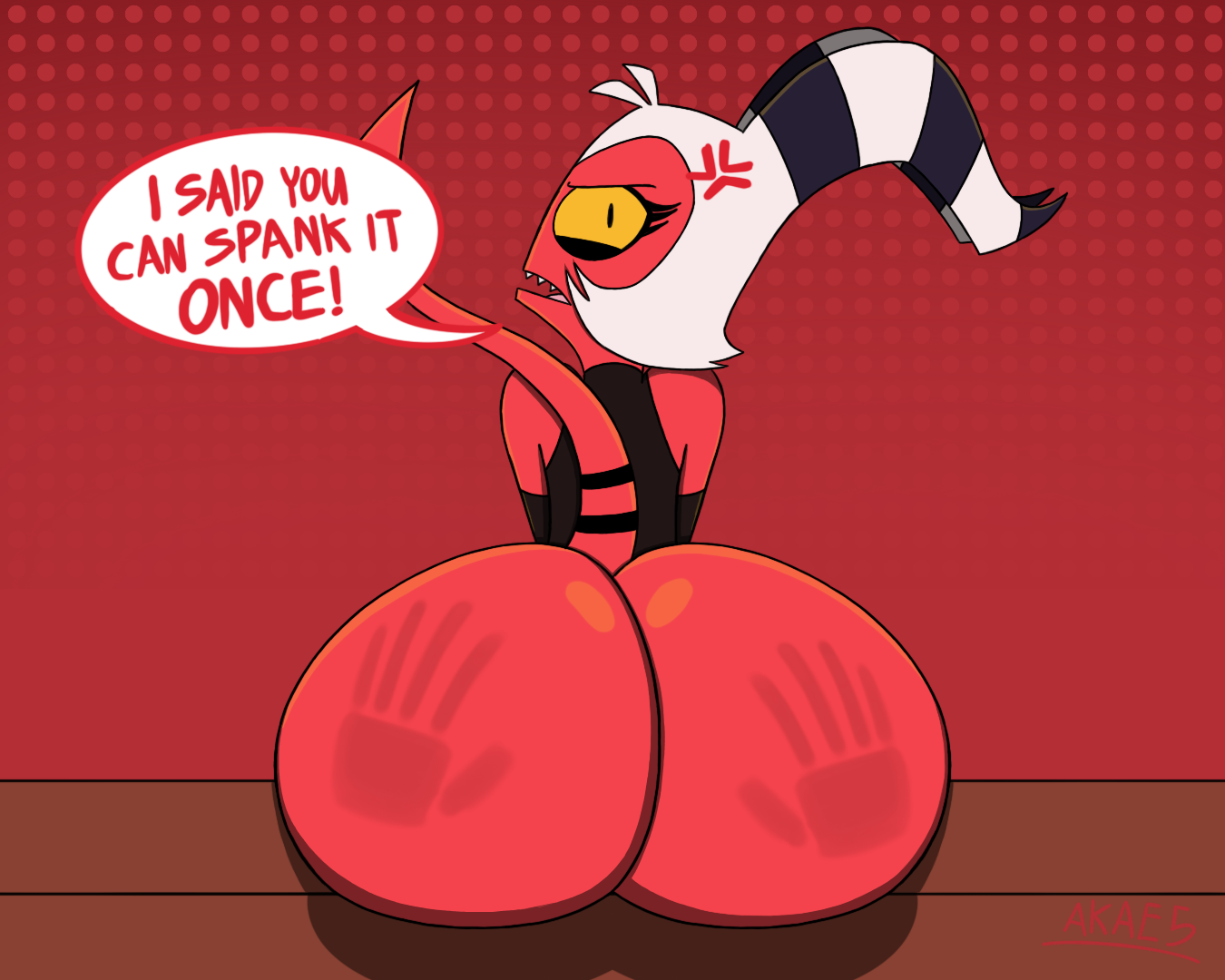 1boy, akae5, angry, ass, ass focus, big ass, big butt, bottomless, bubble ass, bubble butt, demon, dialogue, fat ass, fat butt, femboy, helluva boss, imp, large ass, large butt, looking back, male, male only, moxxie (helluva boss), solo, solo male, spank marks, text, thick ass, thick butt